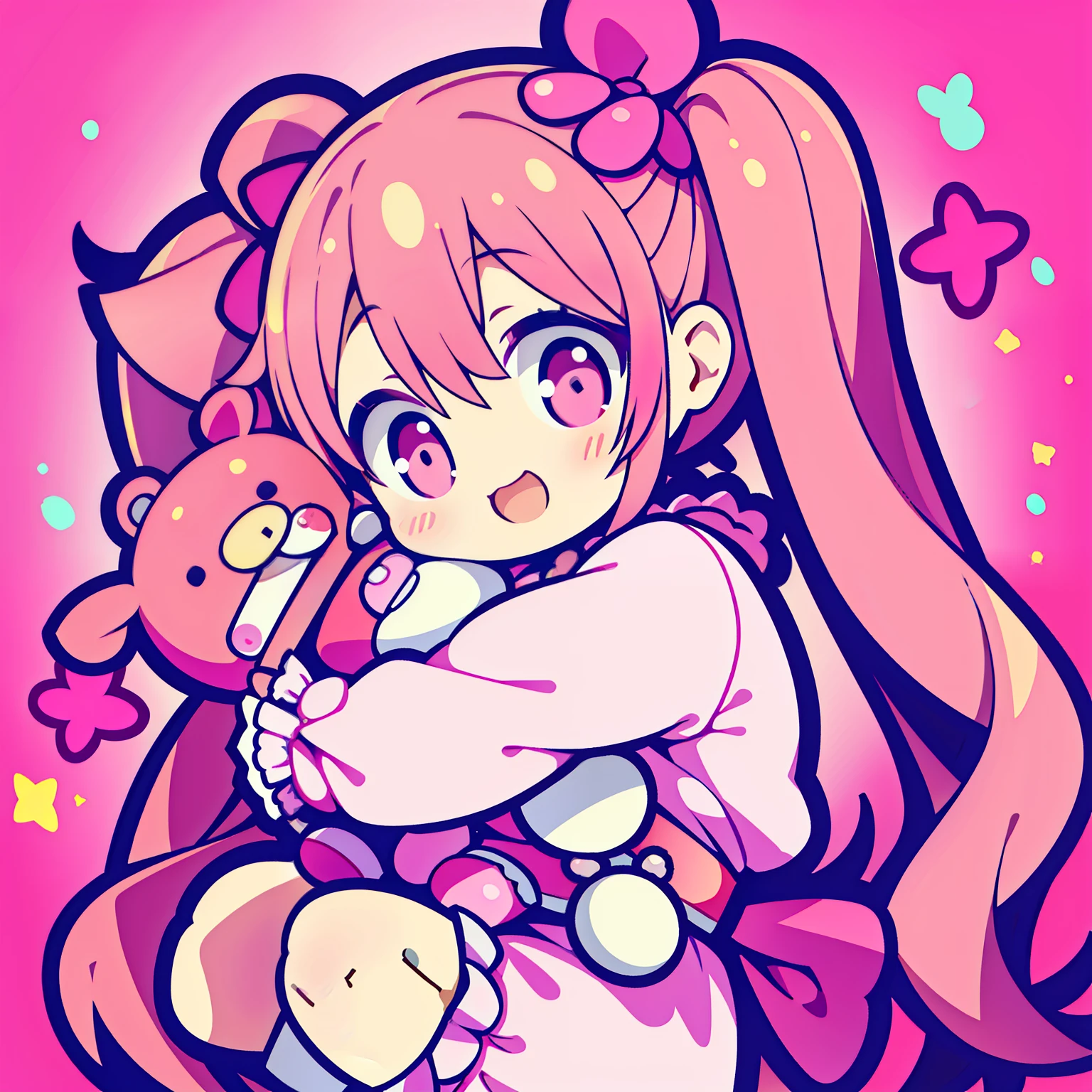 Sweet,adorable, cheerful, pigtails, lively, baby face, pink outfit,1 head to body ratio, hugging teddy bear,manga style