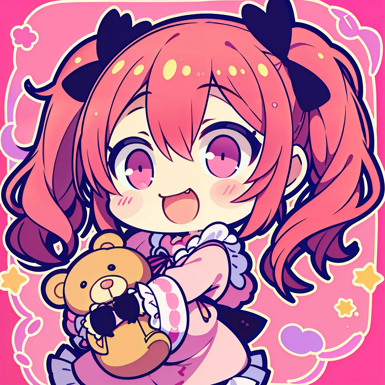 Sweet,adorable, cheerful, pigtails, lively, , pink outfit,1 head to body ratio, hugging teddy bear,manga style