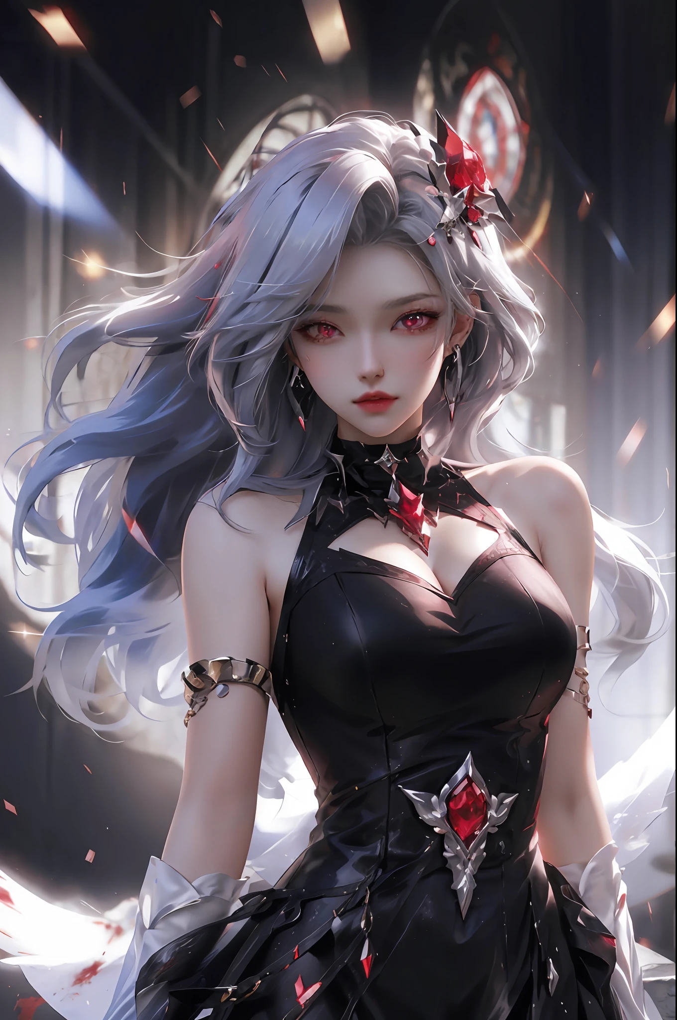 best quality, 1 girl, solo, long hair, black dress, looking at viewer, upper body, white hair, white  hair, blood red eyes, stretcher missing, dark red shirt, dark red shirt