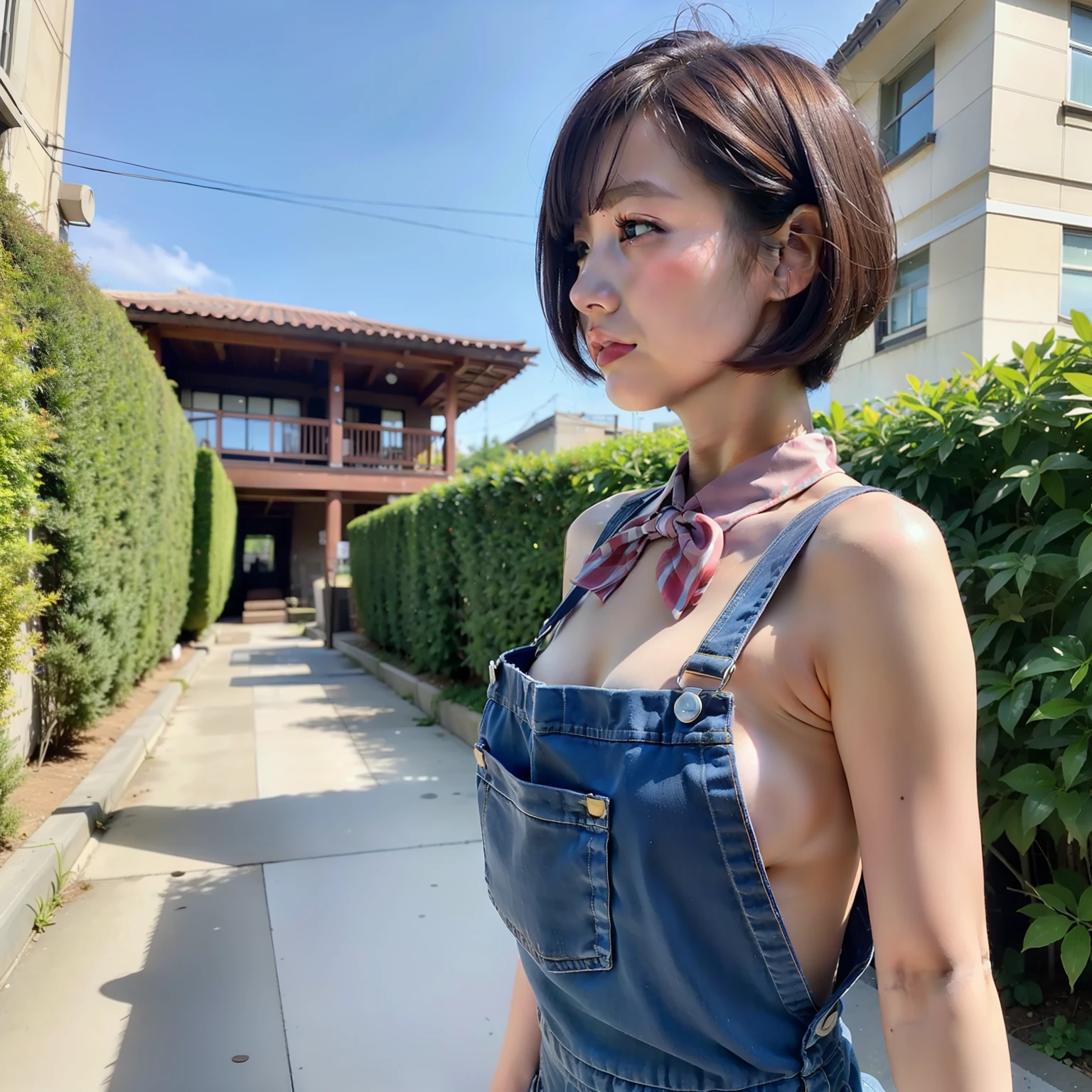 overalls, toppless, Shirtless, medium breasts, From Side, (8K, Raw photo, Best Quality, masutepiece:1.2), (Realistic, Photorealsitic:1.37), Detailed skin, Beautiful, kawaii, Ultra-detailed, 1 girl,Cute, Solo,Beautiful detailed sky,detailed Tokyo street,Night, medium breasts,Beautiful detailed eyes,(Collared shirt:1.1), bowtie,Pleated skirt,(Short hair:1.2),Floating hair,Short High,