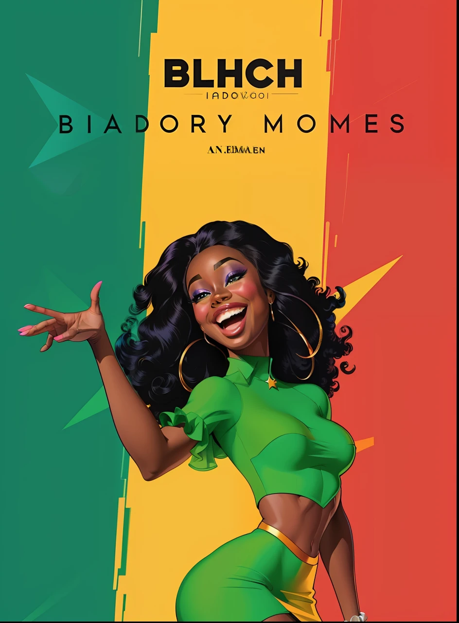 A black cartoon woman in a green dress is dancing, padroeiro do 🛸🌈👩🏾, inspirado em Henri Bellechose, mulher afro-americana, poster template on canva, inspirado em Zelma Blakely, Ashteroth, historic moment, 🤬 🤮 💕 🎀, Directed by: Herbert MacNair, cartaz ilustrado, full-colour illustration, 😭🤮 💔