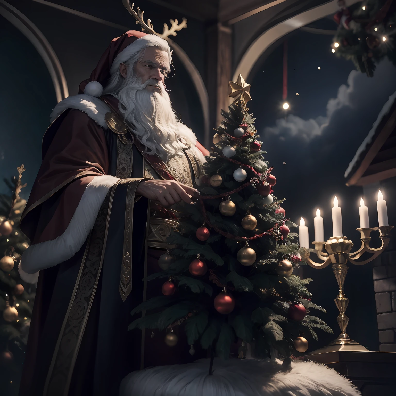 imagem de elfos decorando arvore de natal, papai noel chegando de trono com suas renas de naris vermelho