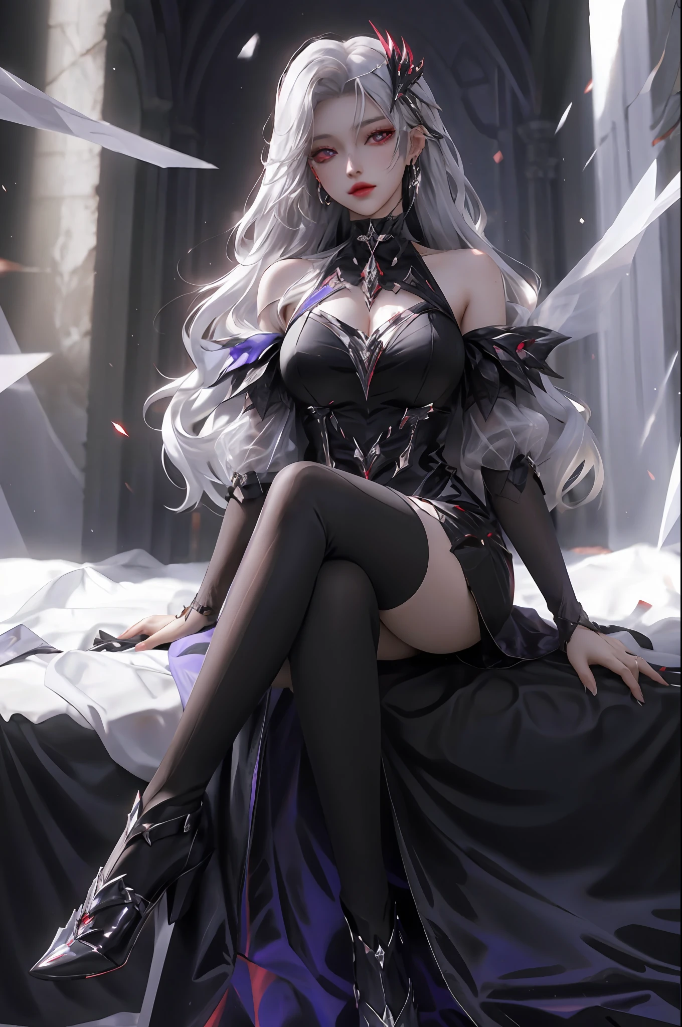 best quality, 1girl, solo, long hair, black dress, looking at viewer, upper body, white hair, white hair, blood red eyes, stretcher missing