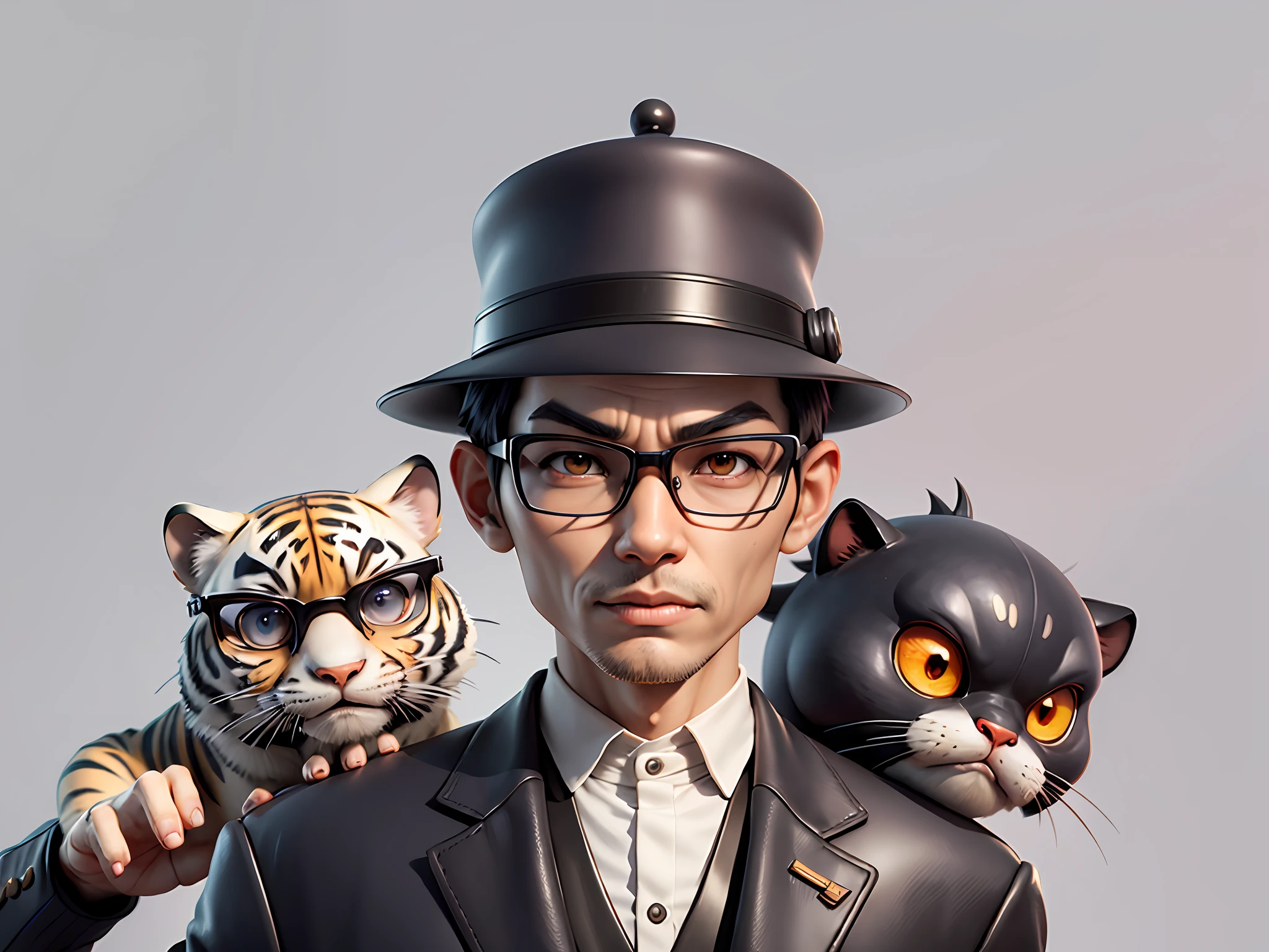 Young man with oriental face in leather hat, tiger, oriental face in formal suit, short black hair, silver glasses, digital painting, 3D character design by Mark Clairedon and Pixar and Hayao Miyazaki and Akira Toriyama, the illustration is a high-definition illustration in 4K resolution with very detailed facial features and cartoon-style visuals.