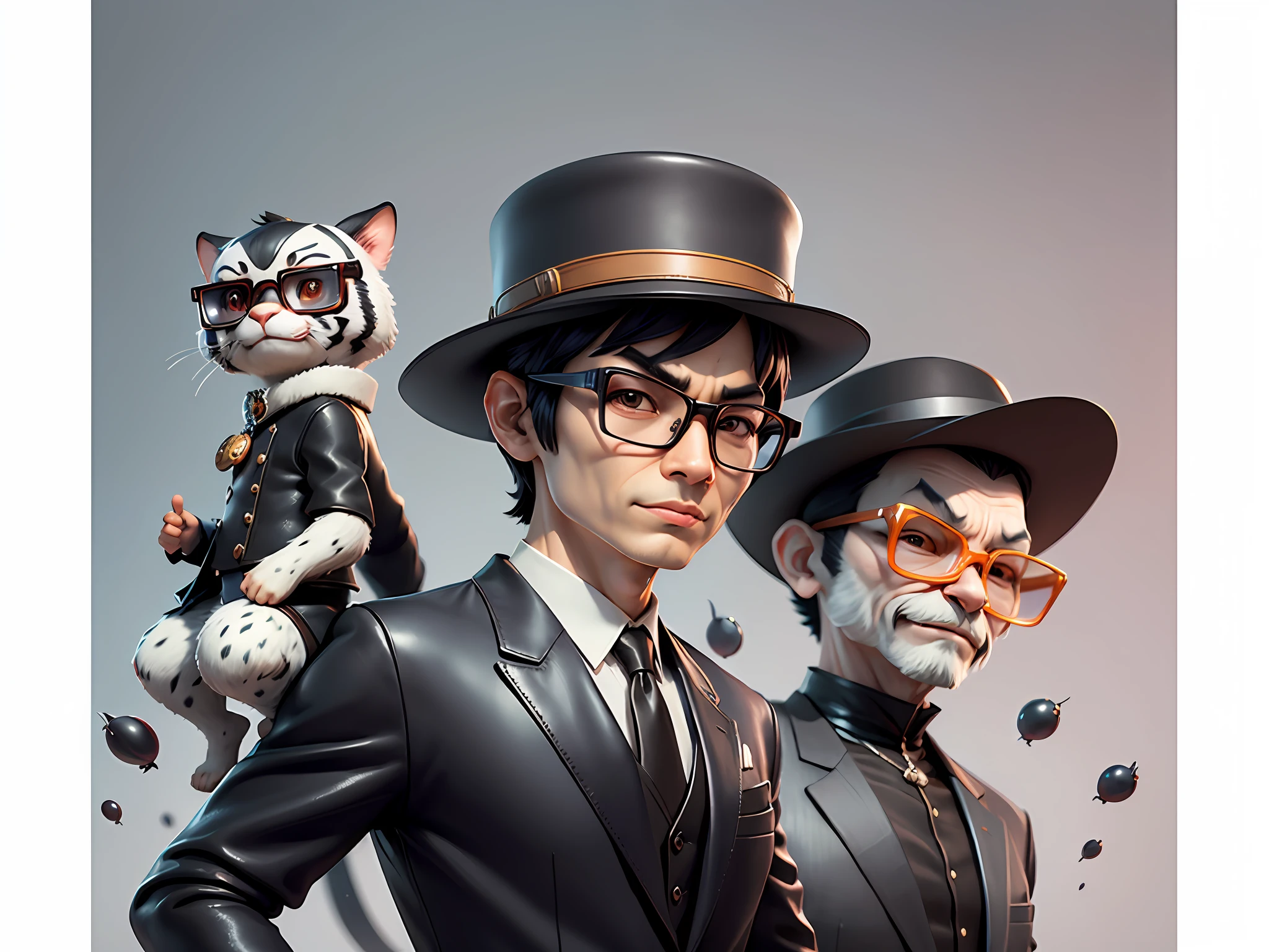 Young man with oriental face in leather hat, tiger, oriental face in formal suit, short black hair, silver glasses, digital painting, 3D character design by Mark Clairedon and Pixar and Hayao Miyazaki and Akira Toriyama, the illustration is a high-definition illustration in 4K resolution with very detailed facial features and cartoon-style visuals.