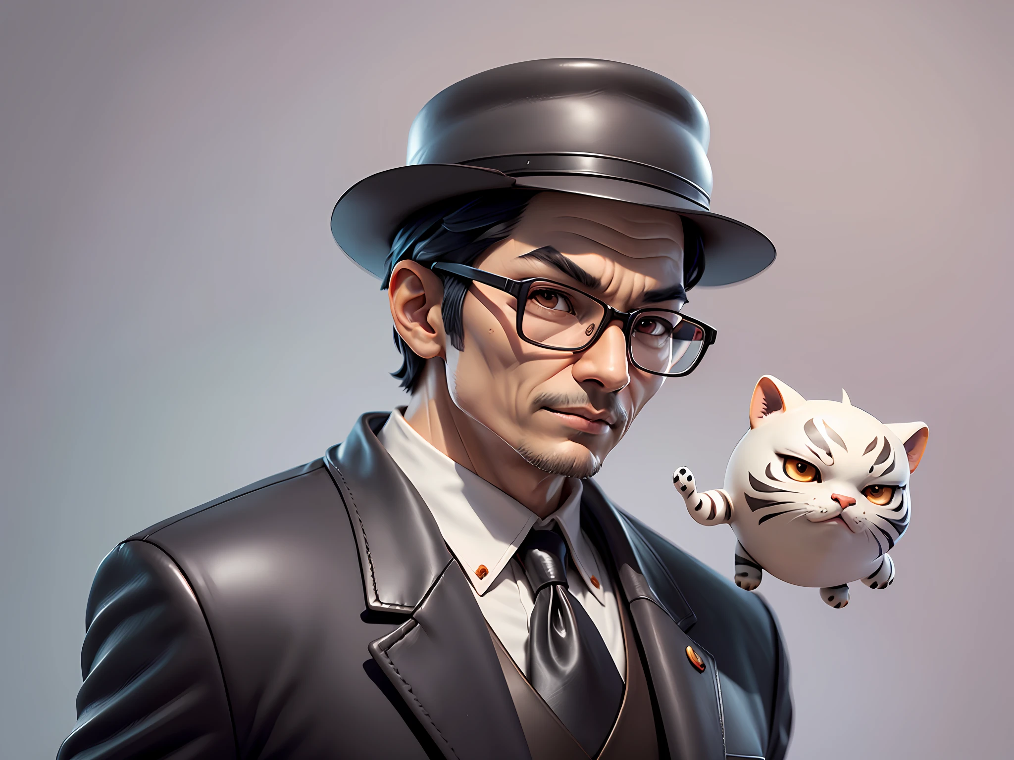 Young man with oriental face in leather hat, tiger, oriental face in formal suit, short black hair, silver glasses, digital painting, 3D character design by Mark Clairedon and Pixar and Hayao Miyazaki and Akira Toriyama, the illustration is a high-definition illustration in 4K resolution with very detailed facial features and cartoon-style visuals.