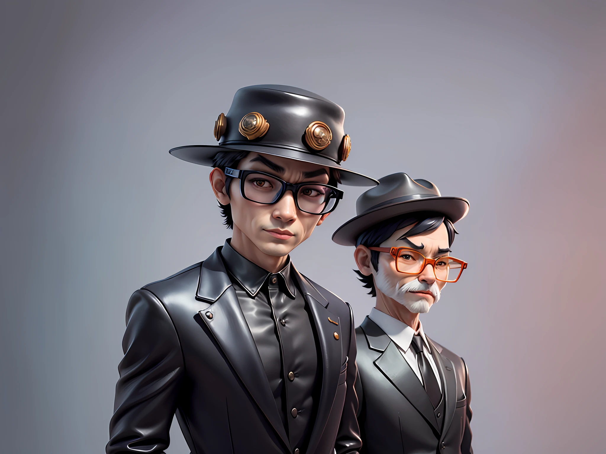 Young man with oriental face in leather hat, tiger, oriental face in formal suit, short black hair, silver glasses, digital painting, 3D character design by Mark Clairedon and Pixar and Hayao Miyazaki and Akira Toriyama, the illustration is a high-definition illustration in 4K resolution with very detailed facial features and cartoon-style visuals.