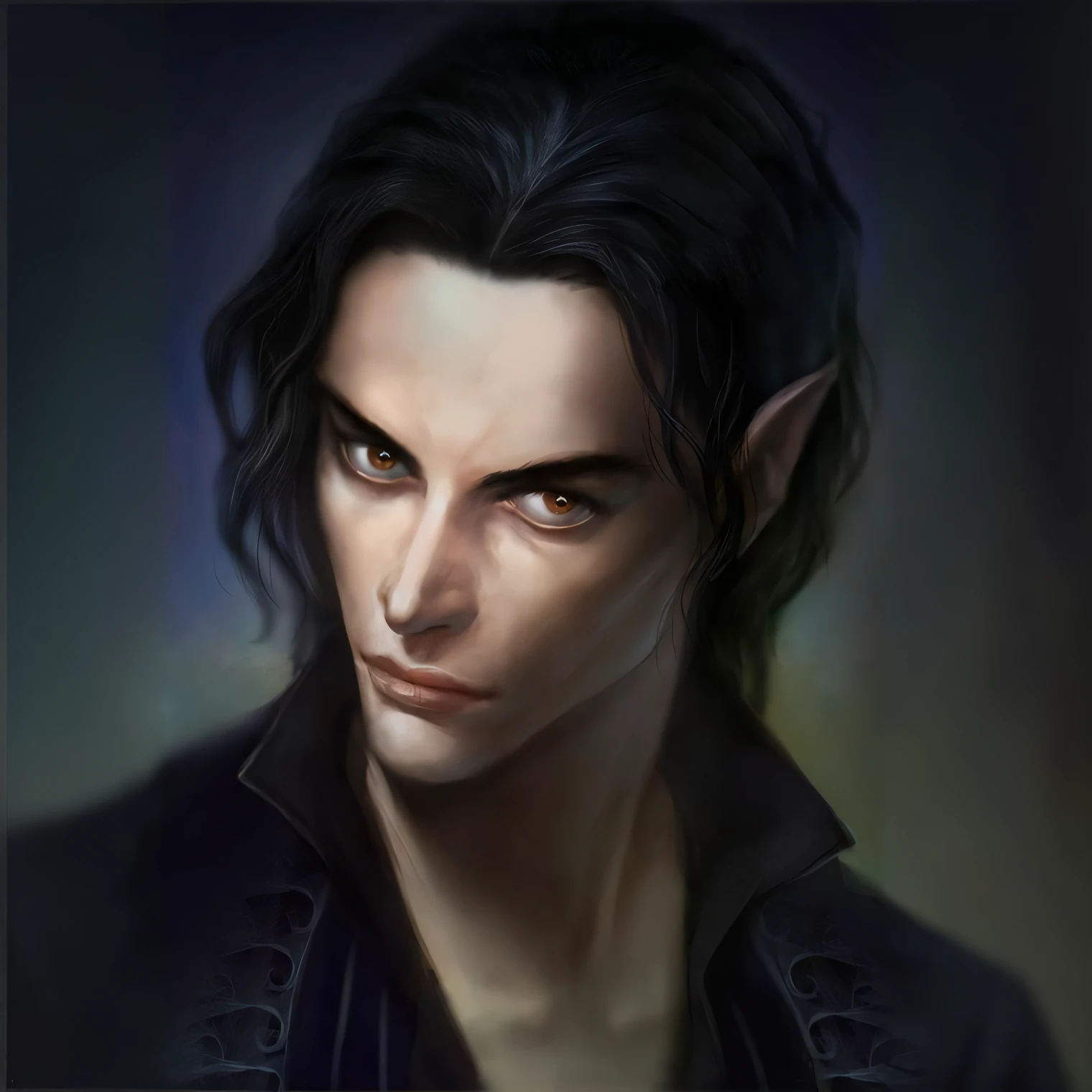 uma pintura digital de um elfo masculino com cabelo longo e uma jaqueta preta, Um retrato de um elfo masculino, elfo masculino bonito, retrato masculino da fantasia, um elfo macho, Rio Masculino, vampiro macho, portrait of a slender elven man, male vampire of clan banu haqim, elven character with smirk, Um retrato de um elfo