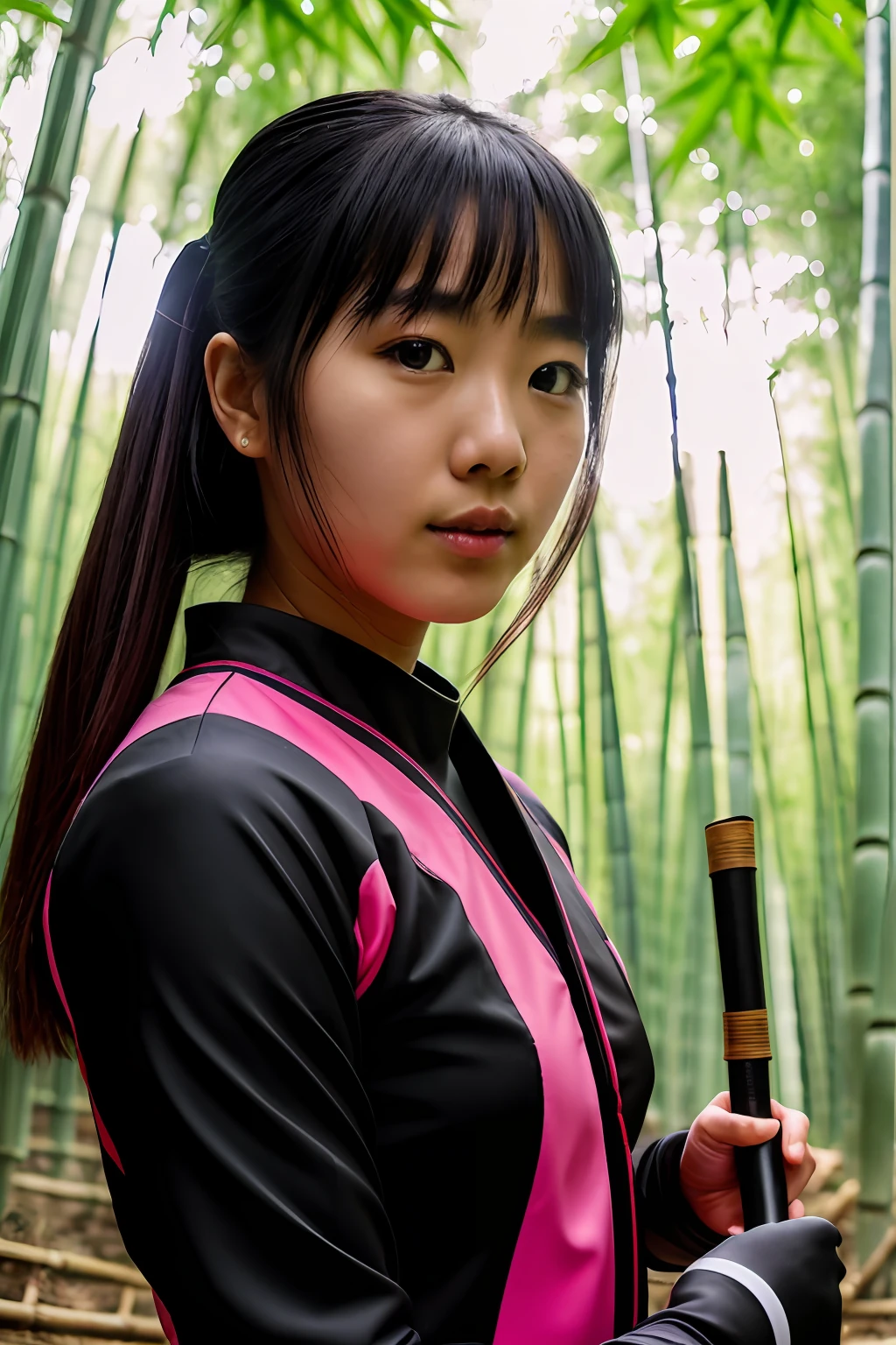RAW photo, (closeup:1.2), portrait photo of teen japanese woman, black & pink ninja suit, in bamboo forest, action pose, holding kunai, natural skin, 8k uhd, high quality, film grain, Fujifilm XT3