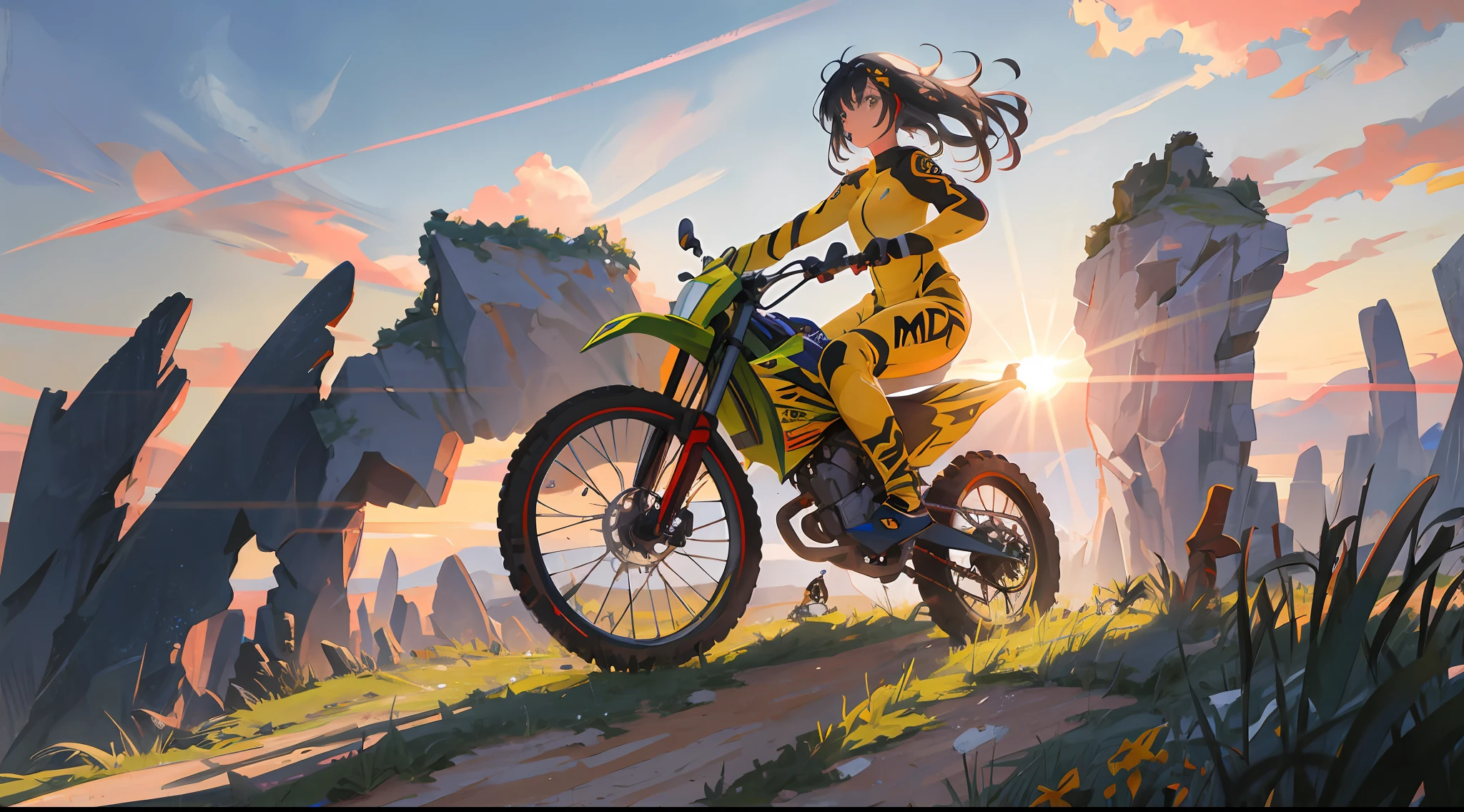 A woman rides a motocross which is in the middle of a jump between 2 cliffs and she is enjoying the fact she is doing a well-done job, she is using a motocross suit, particles of dirty and grass around, daylight, sun rays, atmospheric light, high definition, masterpiece, intricate details, radical, volumetric illumination, dynamic composition, highly detailed, colorful, 2d anime style