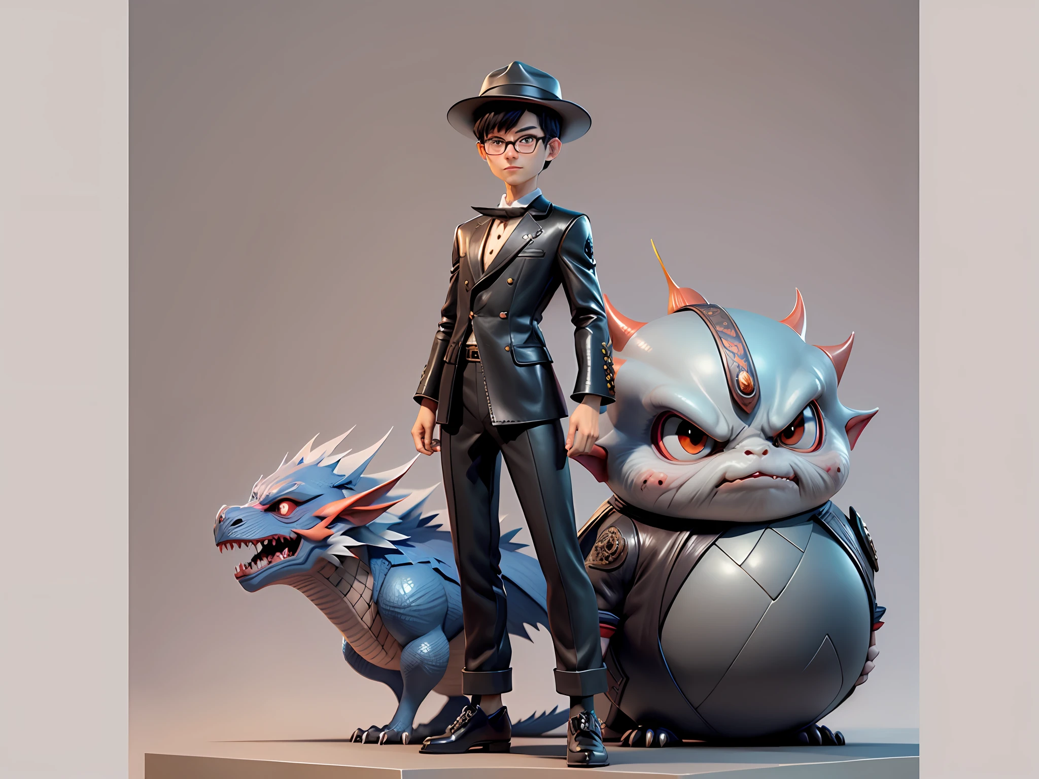 Young man with oriental face in leather hat, dragon, formal suit, short black hair, silver glasses, digital painting, 3D character design by Mark Clairedon and Pixar and Hayao Miyazaki and Akira Toriyama, the illustration is a high-definition illustration in 4K resolution with very detailed facial features and cartoon-style visuals.