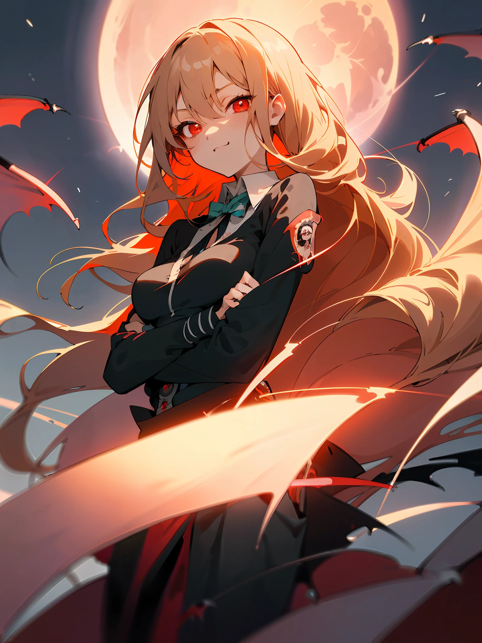 hight resolution, (Anime style:1.1),
((masutepiece)), ((Best Quality)), (Ultra-detailed), ((Extremely detailed)), (Beautiful),
((Kawaii Girl)), (Lori:1.7), Beautiful face, 、1 daughter、(12year old:1.4)
(Red eyes glowing suspiciously:1.4), (Beautiful detailed eyes:1.5), shiny very short pale blonde hair,、Floating hair,Slender girl, (medium breasts:1.4)、Grave、There are many graves lined up、(See more:1.4)、(Red Full Moon Shines:1.4)、(vampire girl:1.5)、Wearing a black cloak blown by the wind、Smiling suspiciously、A lot of bats are flying in the distance、crossed arms、Full Moon Eye、laughing loud、Skirt lifts in the wind、(Don't look here:1.5)、(Pure black clothes:1.4)、looking away、