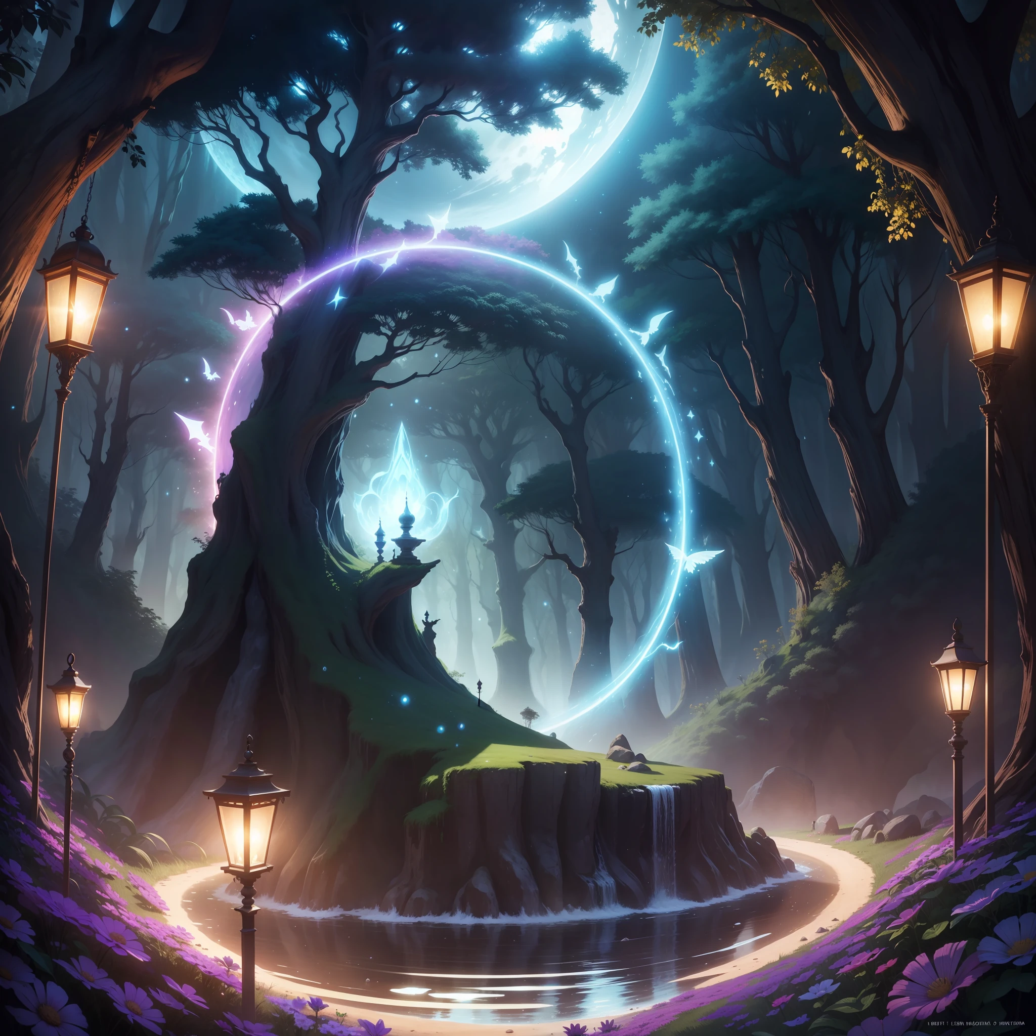 vale encantado, 8k, Hiper realista, Uplighting, detalhes, Magic portal in the left corner, dia , Dramatic , luz do sol, riacho, luzes, deixo de luz , feliz, luzes, magic, magic, grama , brazi ,floresta, flores, flores, magical clearing, clareira, Magic portal in the left corner, magical creatures
