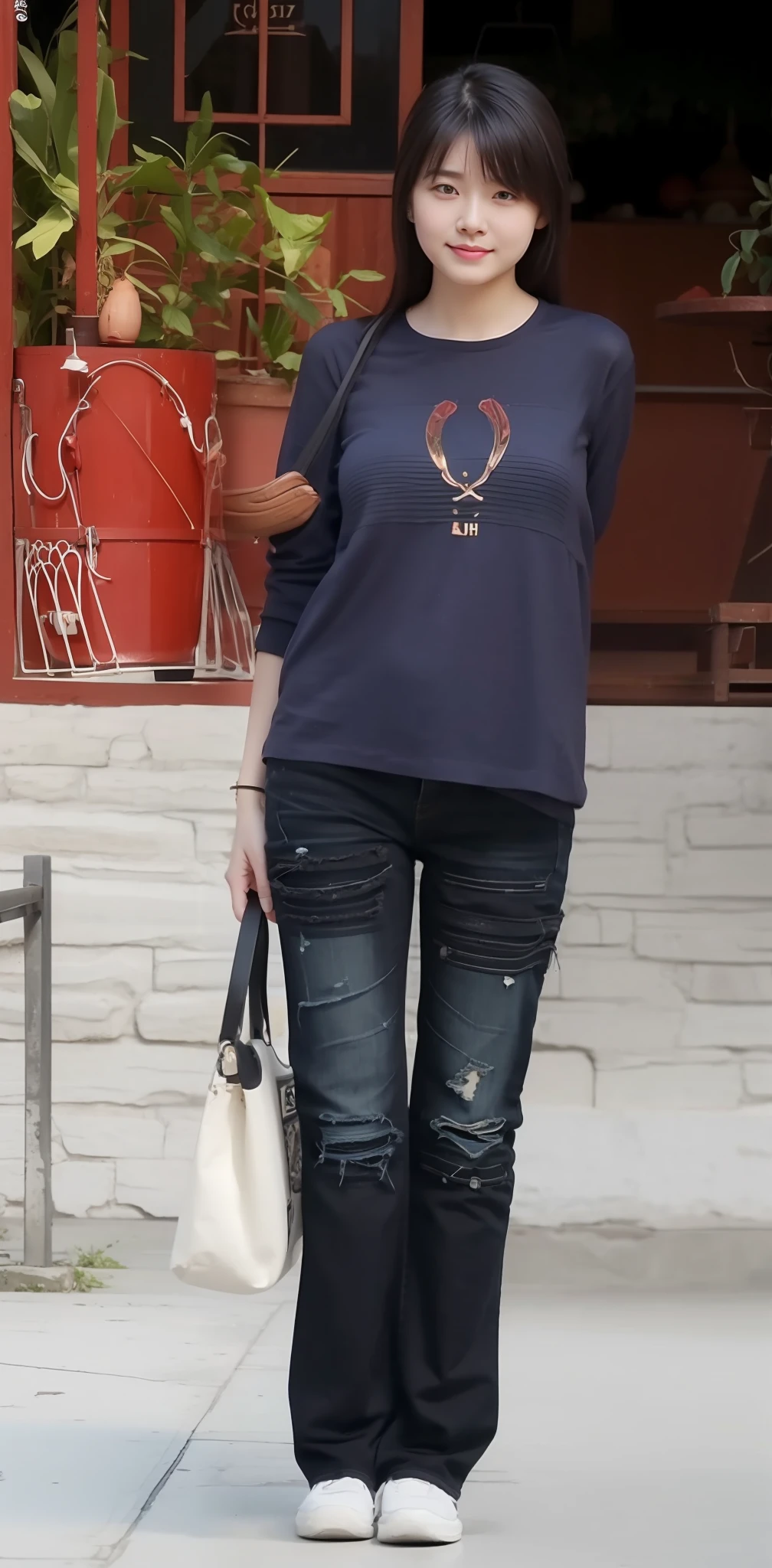 Zhu Ai_Villas,RAW photos,Brand photos,(highdetailskin:1.2),8k ultra high definition,digital SLR camera,gentlesoftlighting,high high quality,filmgrain,富士XT3,20 years old Asian woman,Wear simple clothes,T-shirt and skinny jeans,Detailed clothing details:1.3,perfect body figure,Super detailed facial details and skin,Fair and tender face and skin,二重まぶた,Super detailed eyes,fully body photo