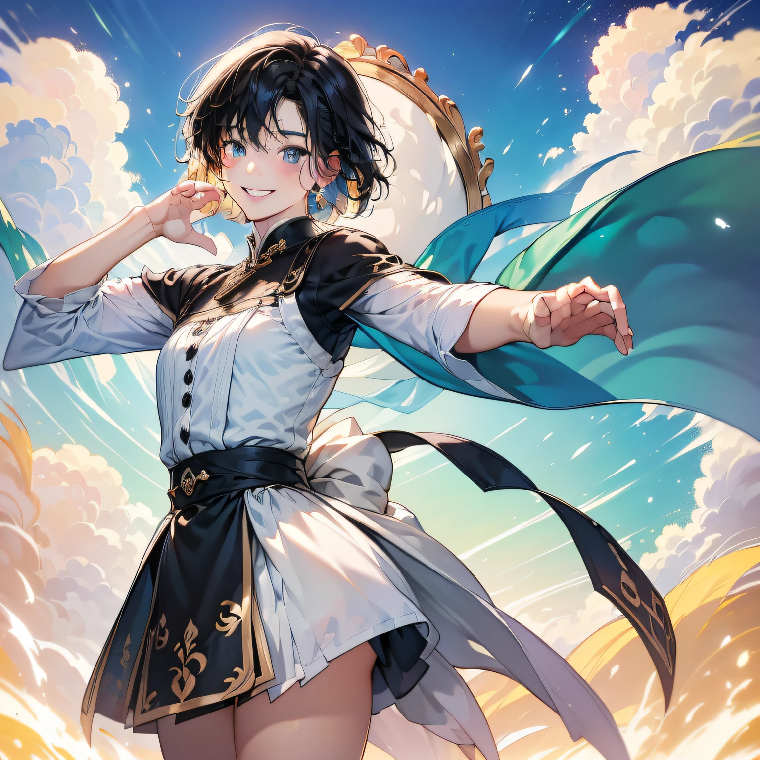 (in 8K、top-quality、masterpiece:1.2)、1人の女性、(Smiling smile:1.1)、beautidful eyes、Valley、The upper part of the body、shorth hair、Like a boy 、Quirk hair、Green View、