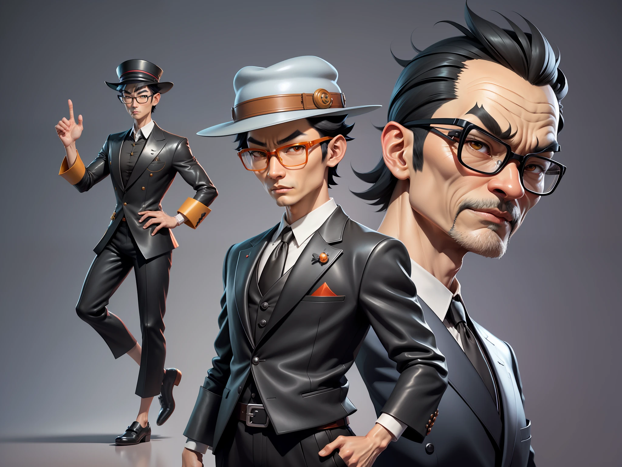 Young man with oriental face in leather hat, tiger, oriental face in formal suit, short black hair, silver glasses, digital painting, 3D character design by Mark Clairedon and Pixar and Hayao Miyazaki and Akira Toriyama, the illustration is a high-definition illustration in 4K resolution with very detailed facial features and cartoon-style visuals.