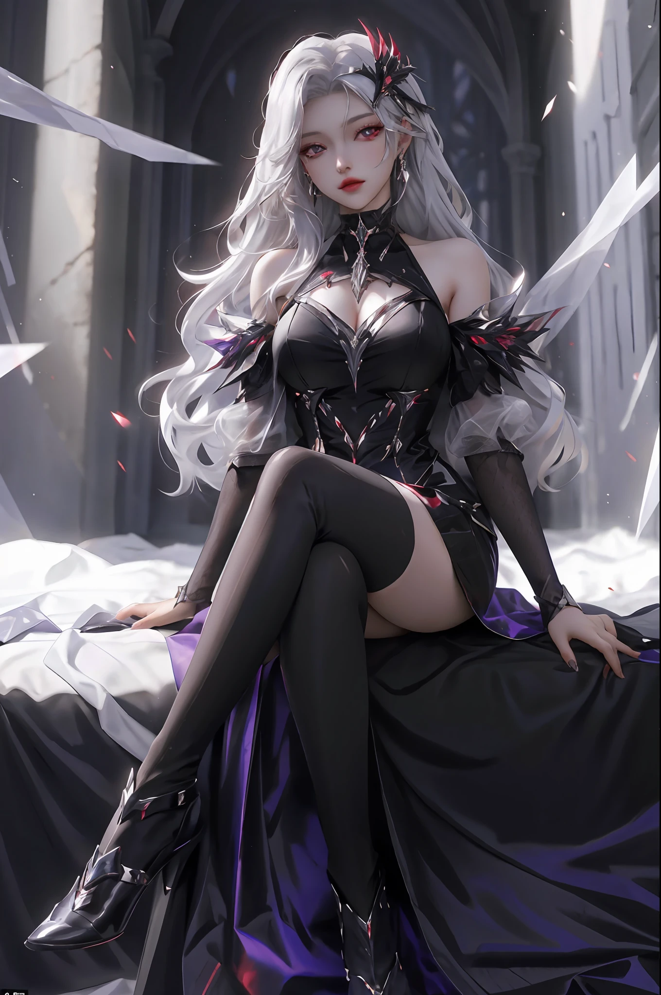 best quality, 1girl, solo, long hair, black dress, looking at viewer, upper body, white hair, white hair, blood red eyes, stretcher missing