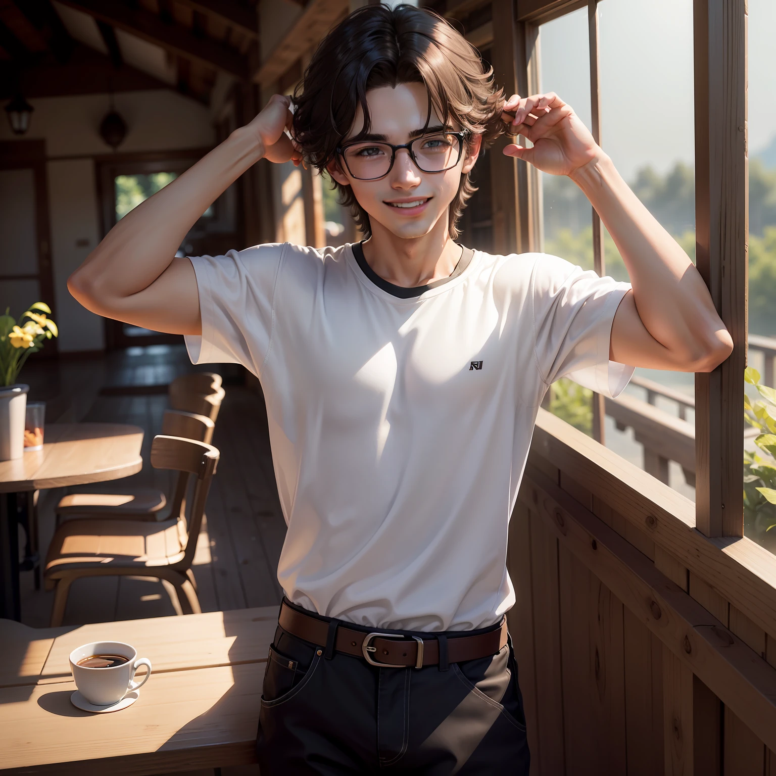 A teenager male， brunette color hair， wears glasses， The shirt， trouser， Dark early morning， porch， Duan， eyes reflection， ，happy laughing，in a panoramic view， Ray traching， reflective light， ， cinmatic lighting， ， tmasterpiece， best qualtiy， high detal， A high resolution， ccurate， textureskin， high qulity， hyper HD， k hd