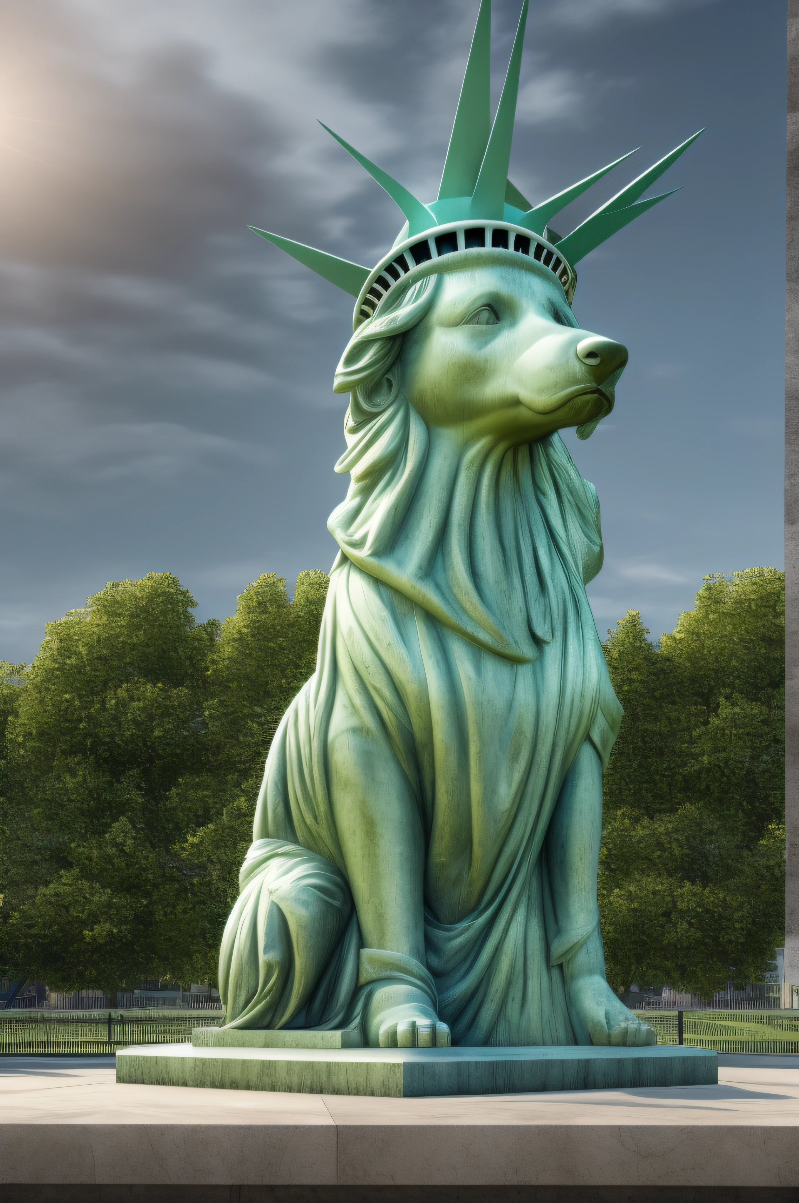 The canine statue of liberty, realista, in the same place as the original statue replacing it, 8K