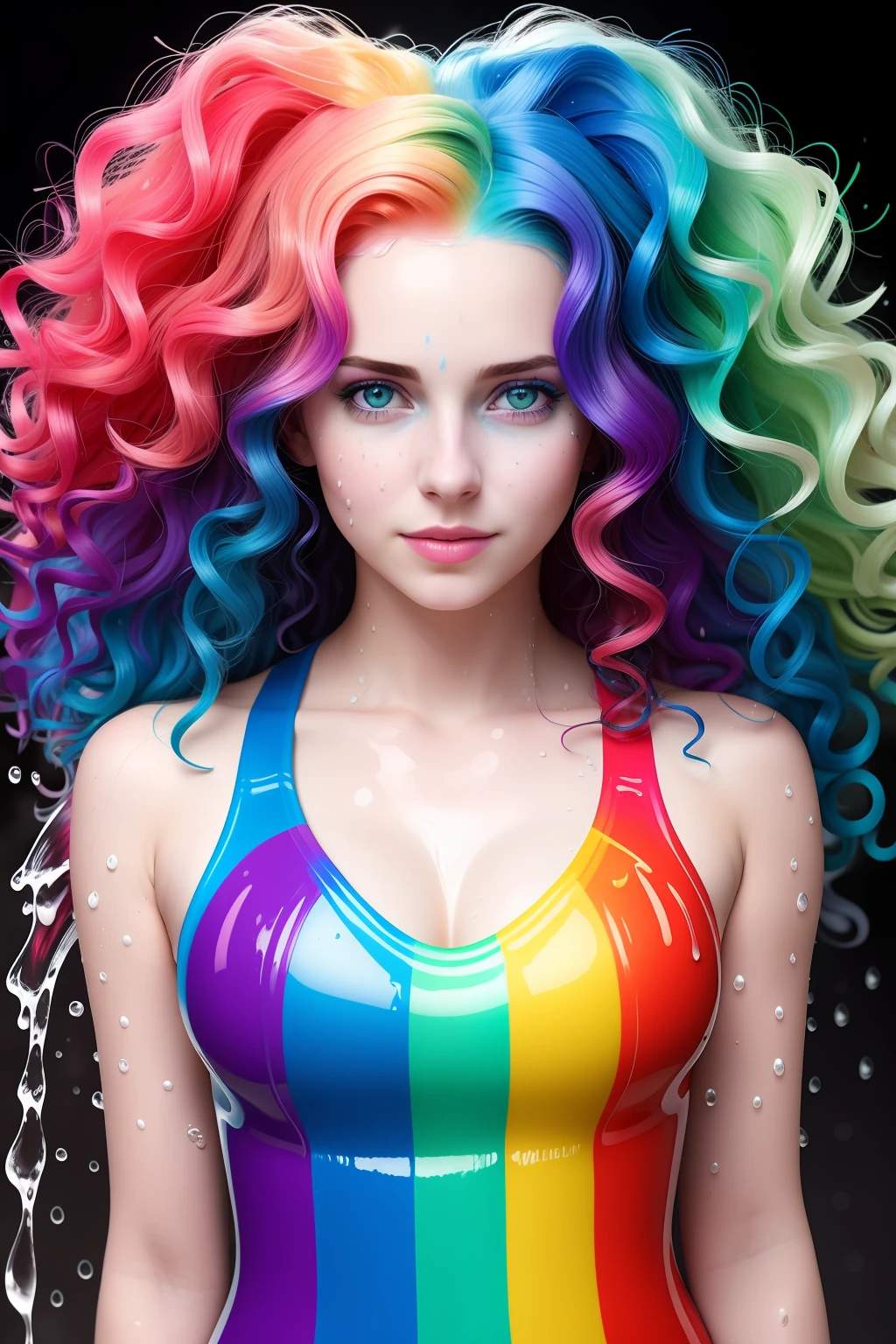 a woman with colorful hair standing in a stream of water, the curls are smeared with paint of different colors rainbow, a cute and beautiful young woman, hyper real photo, she is wearing a wet coat, beautiful young catgirl, dripping technique, discord pfp, 10 bit colour, neatly coming out of her head, spray, hdr, 8k