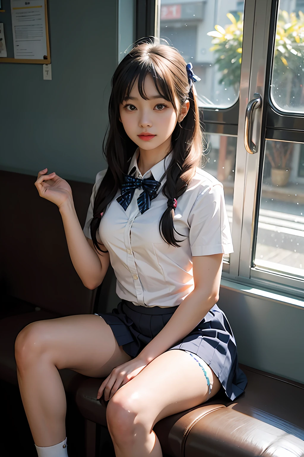 arafed asian woman in a short skirt and bow tie sitting on a train, cute schoolgirl, japanese girl school uniform, wearing japanese school uniform, japanese school uniform, a hyperrealistic schoolgirl, dressed as schoolgirl, hyperrealistic schoolgirl, wearing school uniform, realistic schoolgirl, girl wearing uniform, wearing a school uniform, of a schoolgirl posing, full body, nice skin, glowing skin, nice thighs,glowing thigh, glowing legs, ((panty))