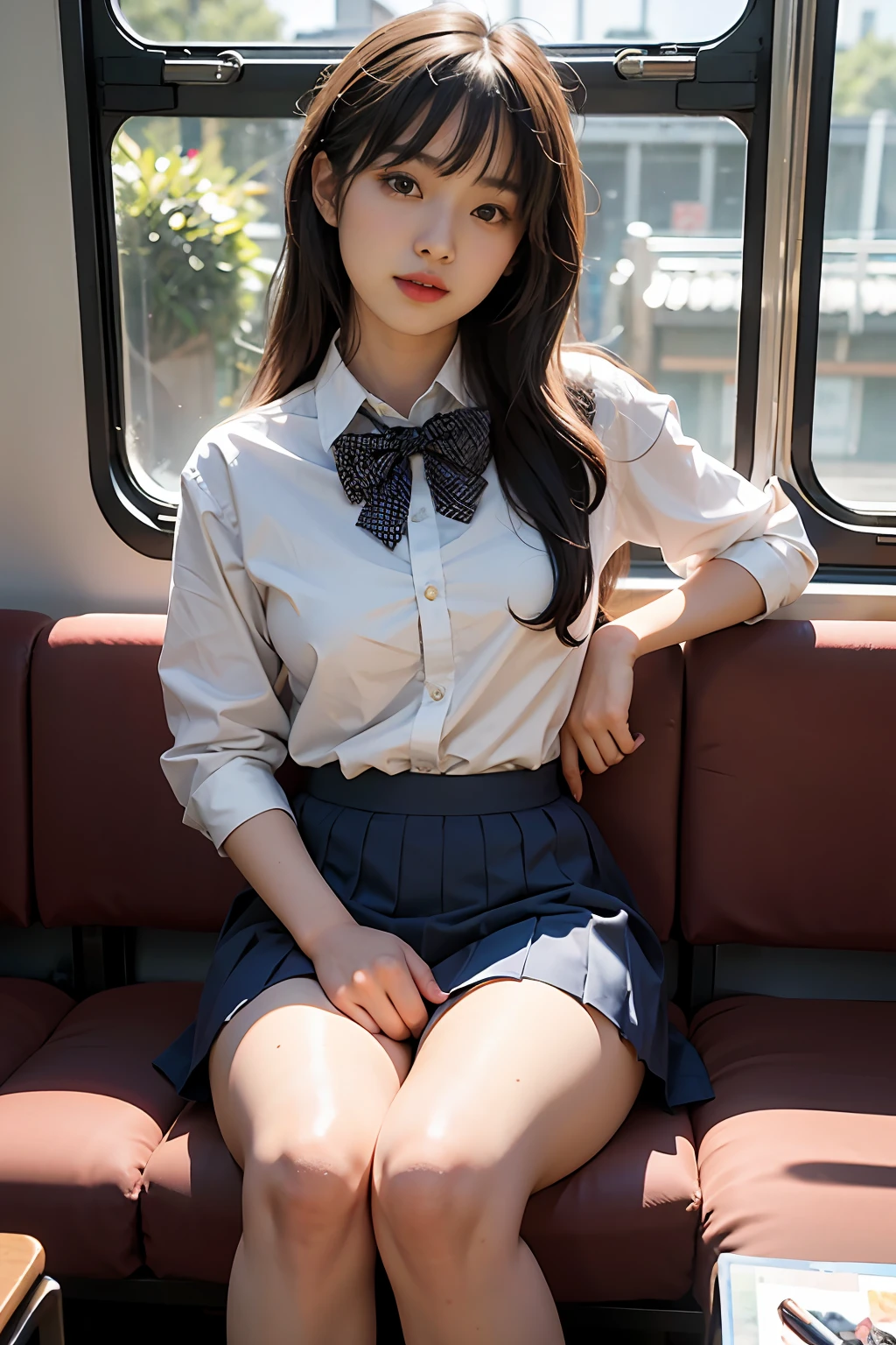 arafed asian woman in a short skirt and bow tie sitting on a train, cute schoolgirl, japanese girl school uniform, wearing japanese school uniform, japanese school uniform, a hyperrealistic schoolgirl, dressed as schoolgirl, hyperrealistic schoolgirl, wearing school uniform, realistic schoolgirl, girl wearing uniform, wearing a school uniform, of a schoolgirl posing, full body, nice skin, glowing skin, nice thighs,glowing thigh, glowing legs, ((panty))