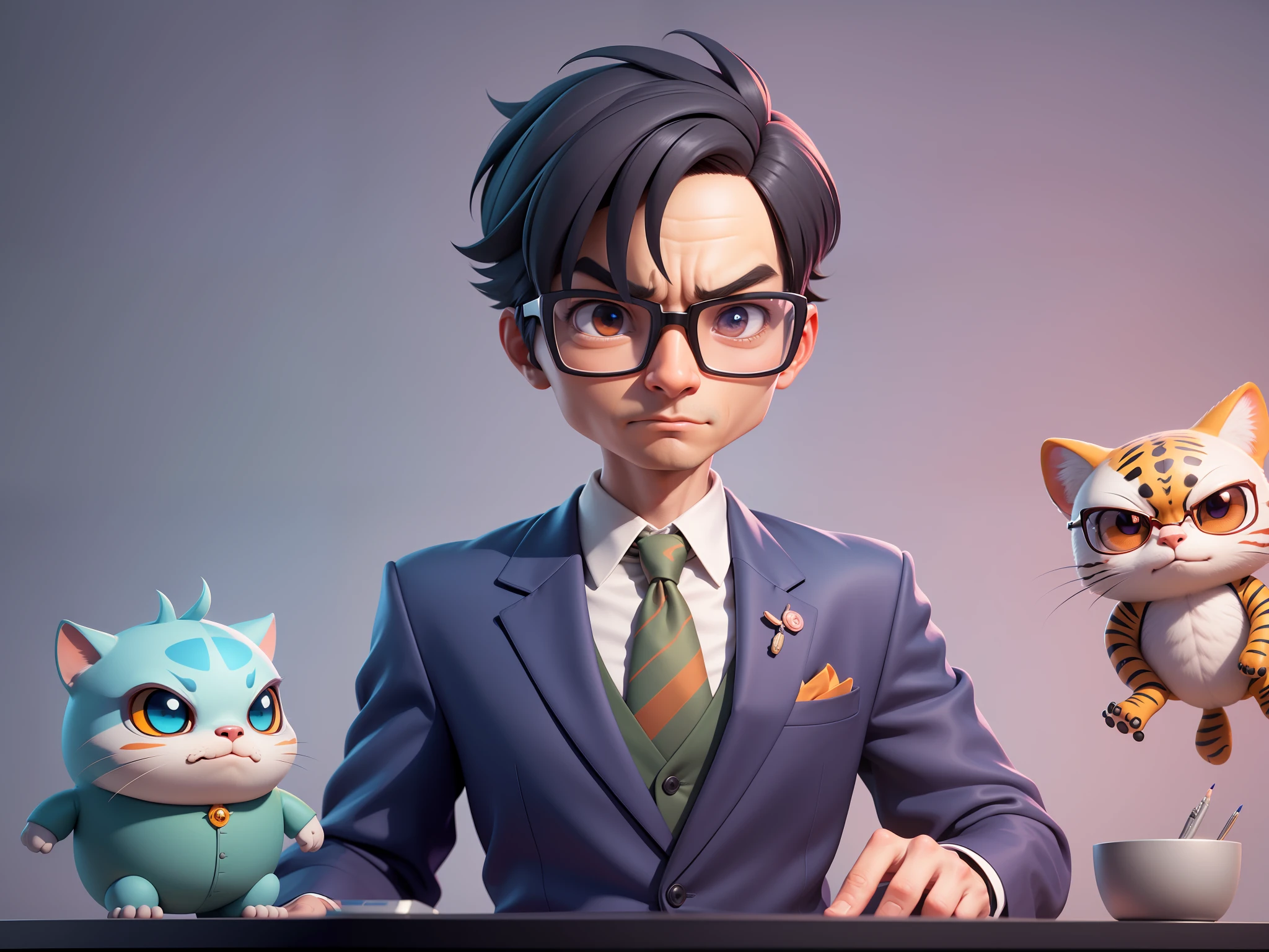A young man in a suit, Short hair and glasses sat at his desk，holding laptop，digitial painting，tigre，3D character design by Mark Clairen and Pixar and Hayao Miyazaki and Akira Toriyama，4K HD illustration，Very detailed facial features and cartoon-style visuals。