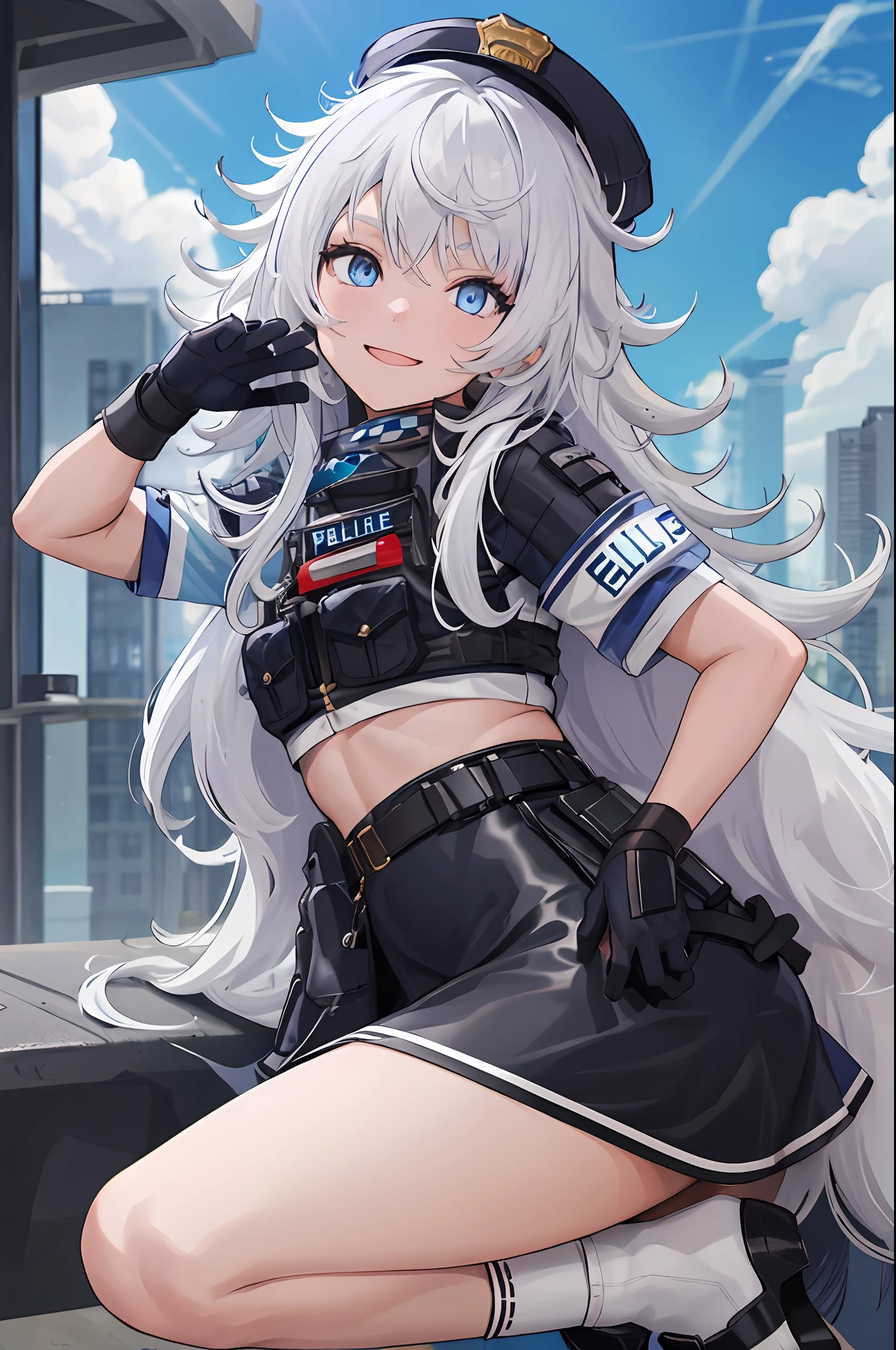 masutepiece, Best Quality, hight resolution, 1girl in, Solo, Long hair, hat, Blue eyes, White hair, hair messy, Black Gloves, White socks, Police Uniform, Black skirt, Short sleeves, Cowboy Shot, ssmile, put hands on the hip,