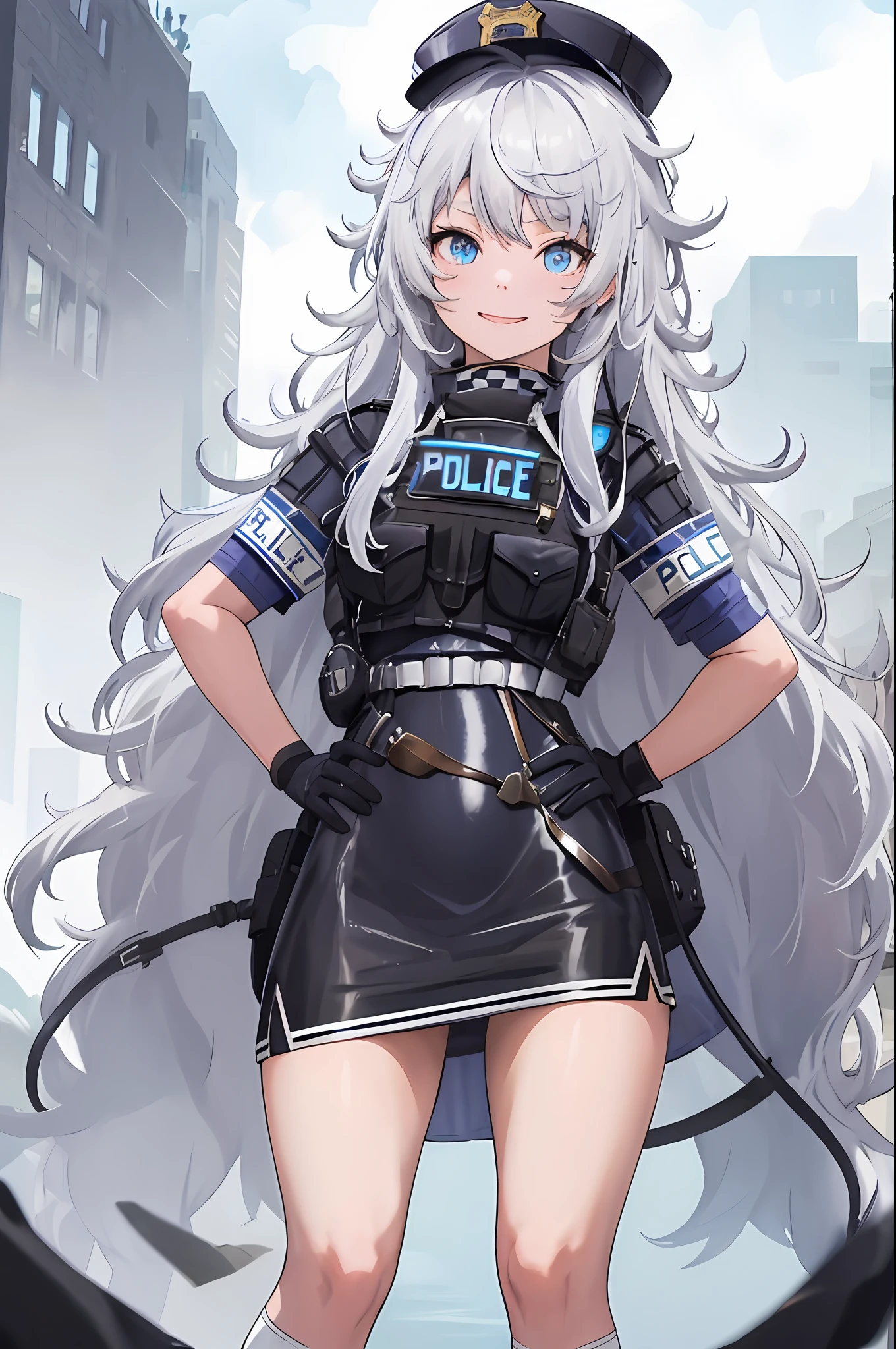 masutepiece, Best Quality, hight resolution, 1girl in, Solo, Long hair, hat, Blue eyes, White hair, hair messy, Black Gloves, White socks, Police Uniform, Black skirt, Short sleeves, Cowboy Shot, ssmile, put hands on the hip,