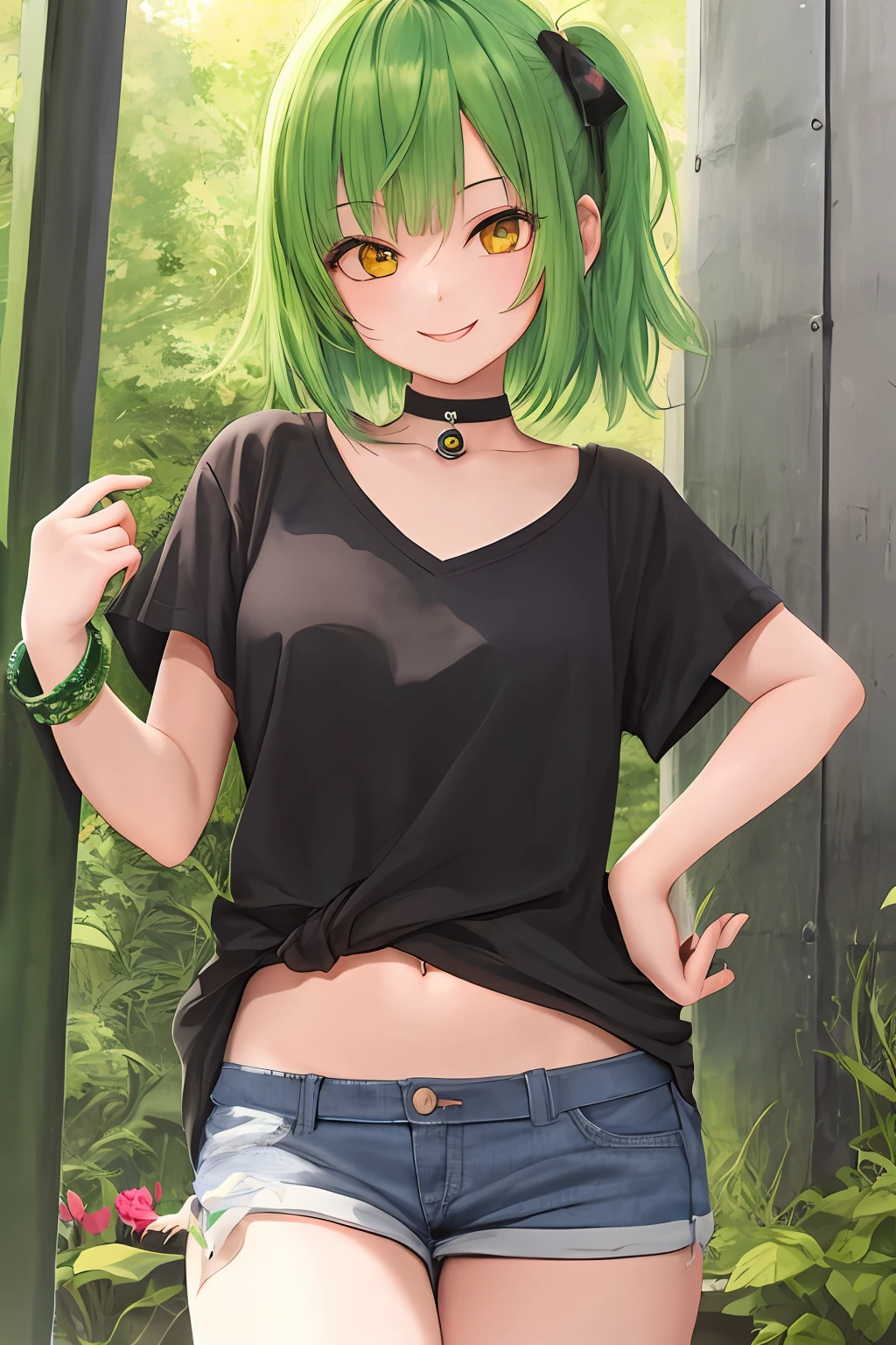 1girl, bright green hair, Long Disconnected Choppy Bob hair, yellow eyes, masterpiece, best illustration, best manga, cute, smile