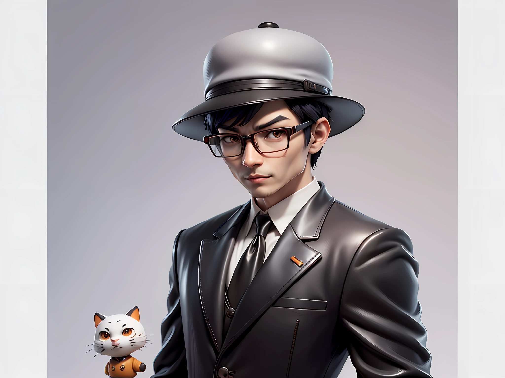 Young man with oriental face in leather hat, tiger, oriental face in formal suit, short black hair, silver glasses, digital painting, 3D character design by Mark Clairedon and Pixar and Hayao Miyazaki and Akira Toriyama, the illustration is a high-definition illustration in 4K resolution with very detailed facial features and cartoon-style visuals.