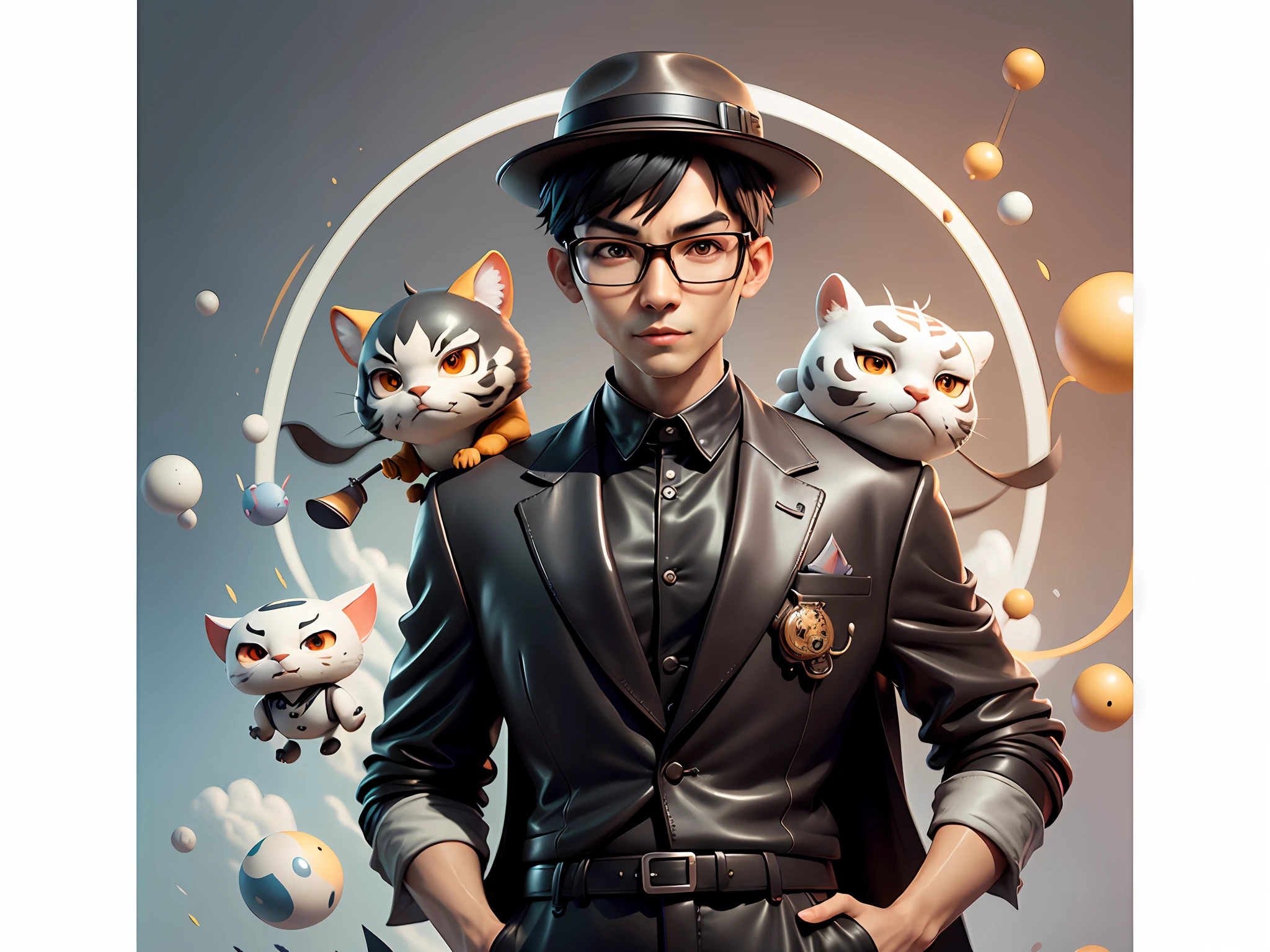 Young man with oriental face in leather hat, tiger, oriental face in formal suit, short black hair, silver glasses, digital painting, 3D character design by Mark Clairedon and Pixar and Hayao Miyazaki and Akira Toriyama, the illustration is a high-definition illustration in 4K resolution with very detailed facial features and cartoon-style visuals.
