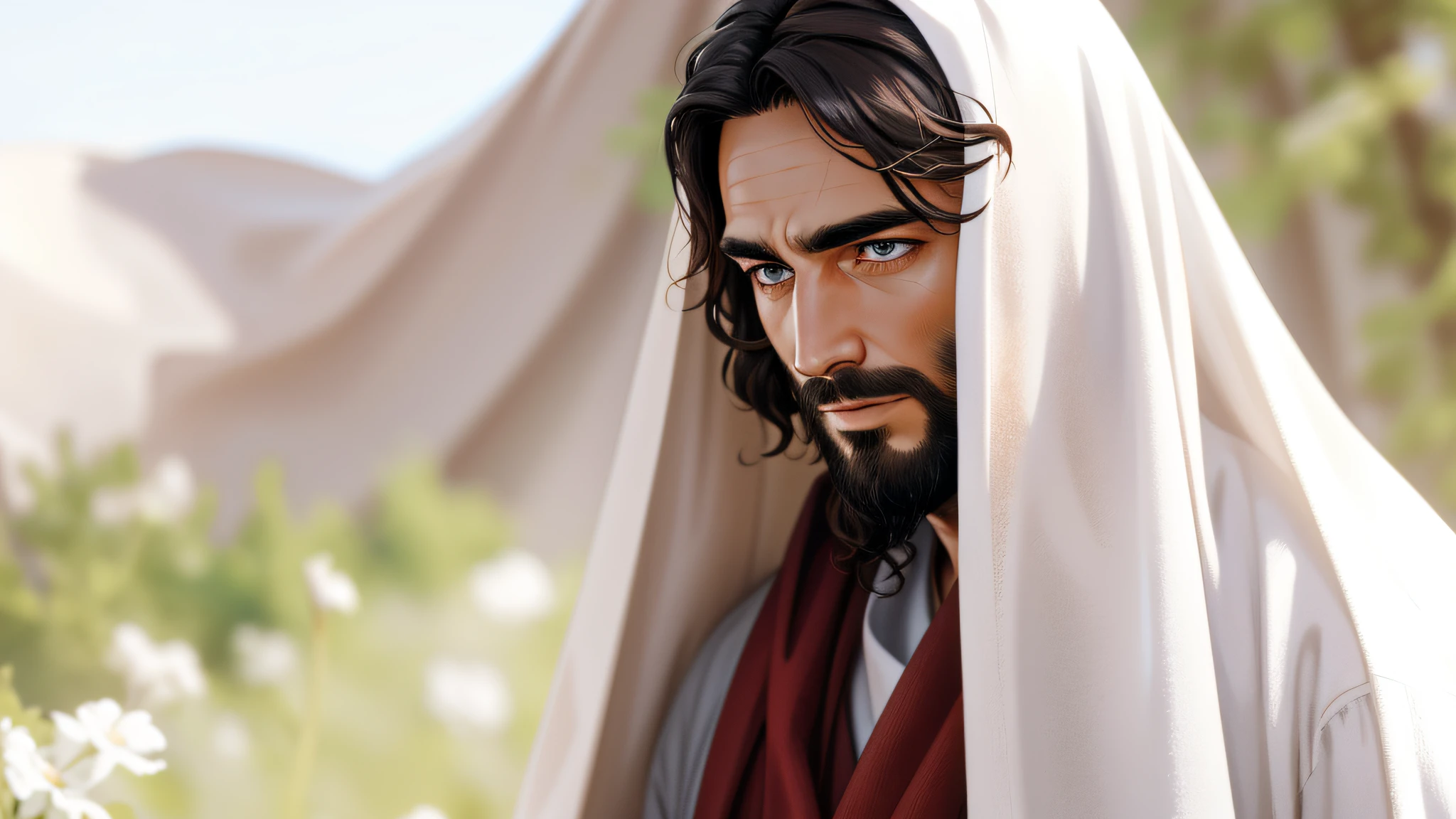 Photo Raw, (masterpiece), (best quality), (realistic), {{nsfw}}, [(perfect eyes shimmering brown high details)], (skin high details), there is a male man 30 years old handsome, Jesus, Jesus Christ, with a white robe, black hair and beards looking up at the sky, holy man, prophet, epic biblical representation, 8k, UHD, cinematic lighting, --s2