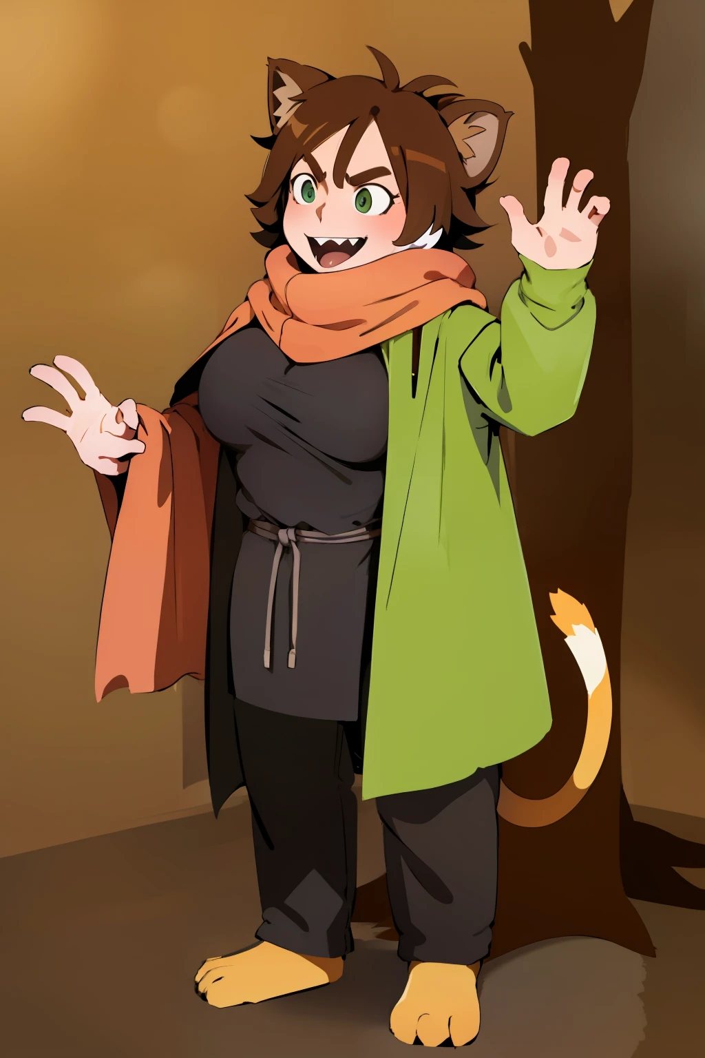 brown hair, long hair,medium breast, sport pants, long pullover, lion tails, living hair, animal fangs,green eyes, kemono mimi, cloak, medieval cloak flip flops