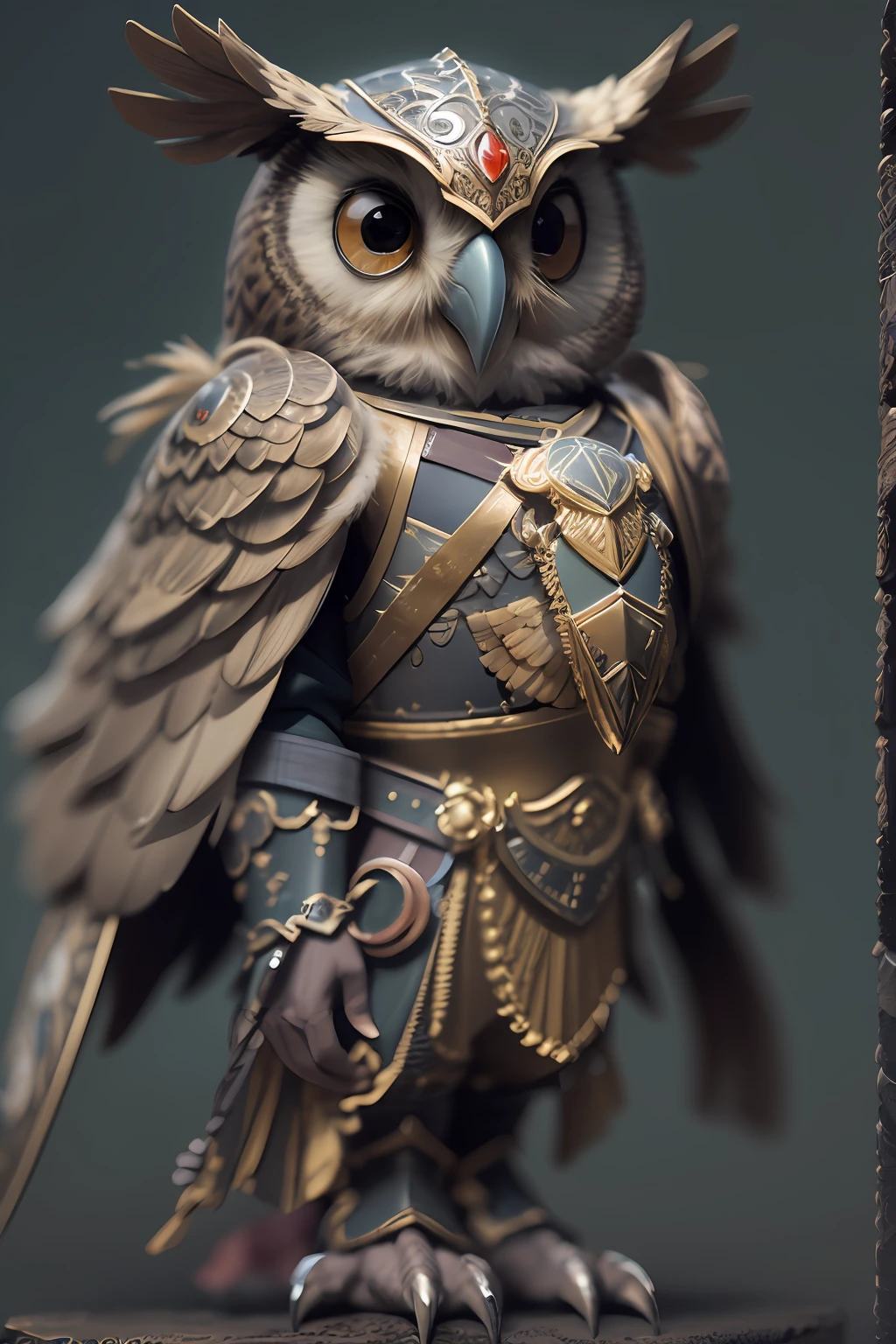 3dcreature cute owl Warrior wearing knight armor with detailed floral ornament, beak, 1boy, big eyes, chibi, Photorealistic, Hyperrealistic, Hyperdetailed, analog style, hip cocked, demure, low cut, black lace, detailed skin, matte skin, soft lighting, subsurface scattering, realistic, heavy shadow, masterpiece, best quality, ultra realistic, 8k, golden ratio, Intricate, High Detail, film photography, soft focus