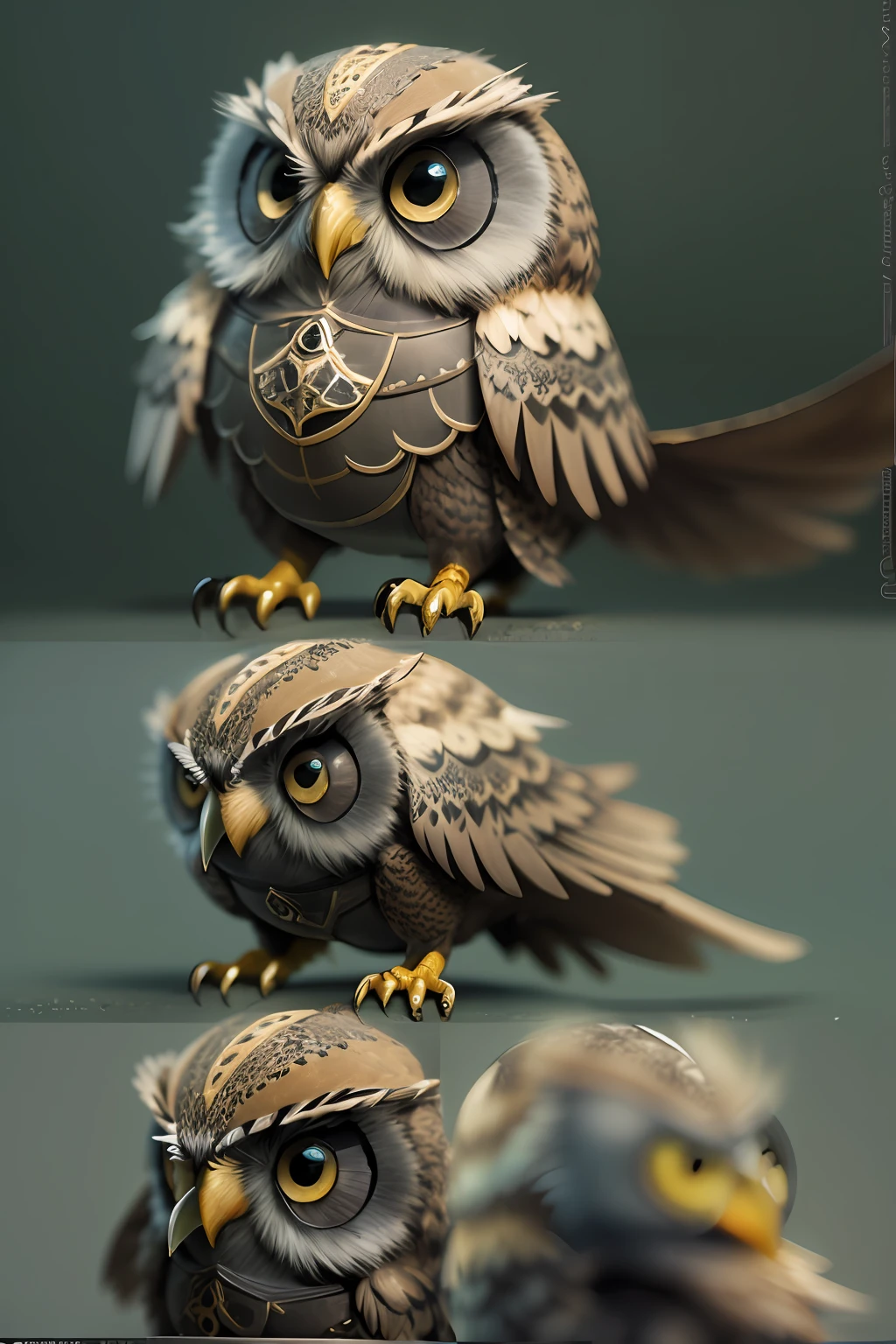 3dcreature cute owl Warrior wearing knight armor with detailed floral ornament, beak, 1boy, big eyes, chibi, Photorealistic, Hyperrealistic, Hyperdetailed, analog style, hip cocked, demure, low cut, black lace, detailed skin, matte skin, soft lighting, subsurface scattering, realistic, heavy shadow, masterpiece, best quality, ultra realistic, 8k, golden ratio, Intricate, High Detail, film photography, soft focus