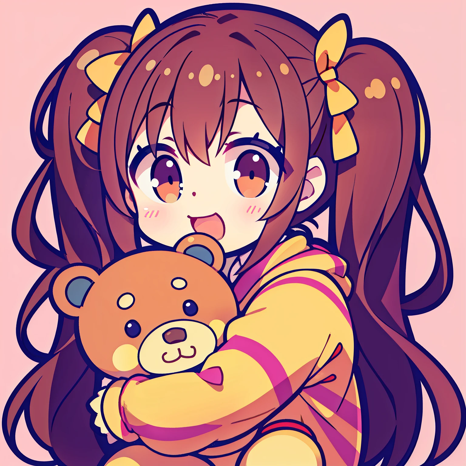 Sweet,adorable, cheerful, pigtails, lively, baby face,1 head to body ratio, hugging teddy bear,simple background