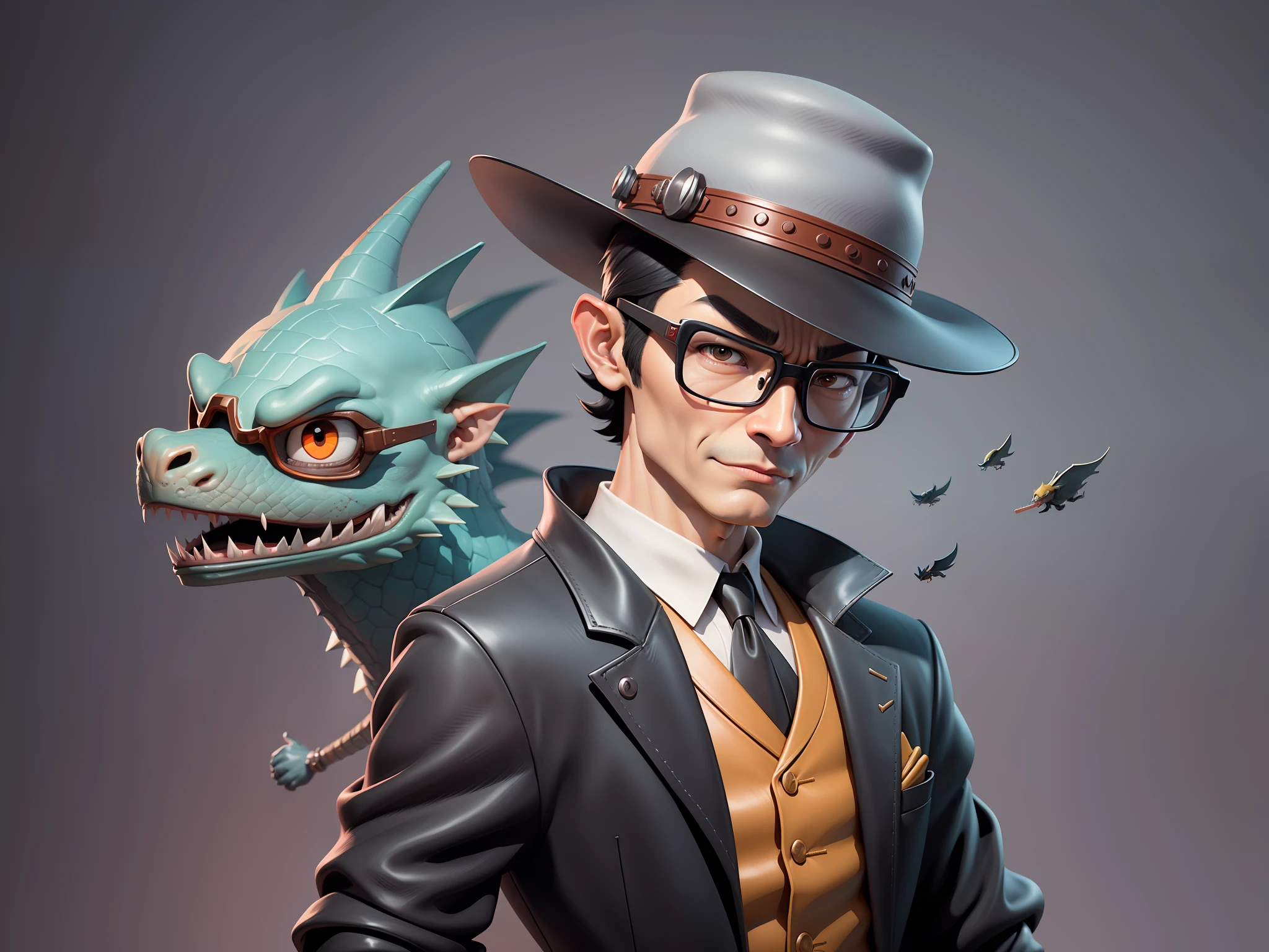 Young man with oriental face in leather hat, dragon, formal suit, short black hair, silver glasses, digital painting, 3D character design by Mark Clairedon and Pixar and Hayao Miyazaki and Akira Toriyama, the illustration is a high-definition illustration in 4K resolution with very detailed facial features and cartoon-style visuals.