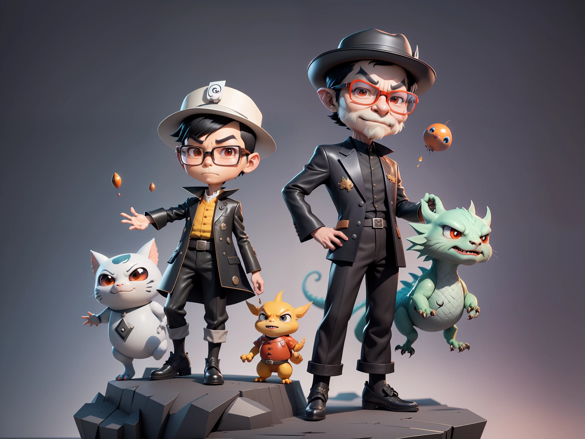 Young man with oriental face in leather hat, dragon, formal suit, short black hair, silver glasses, digital painting, 3D character design by Mark Clairedon and Pixar and Hayao Miyazaki and Akira Toriyama, the illustration is a high-definition illustration in 4K resolution with very detailed facial features and cartoon-style visuals.