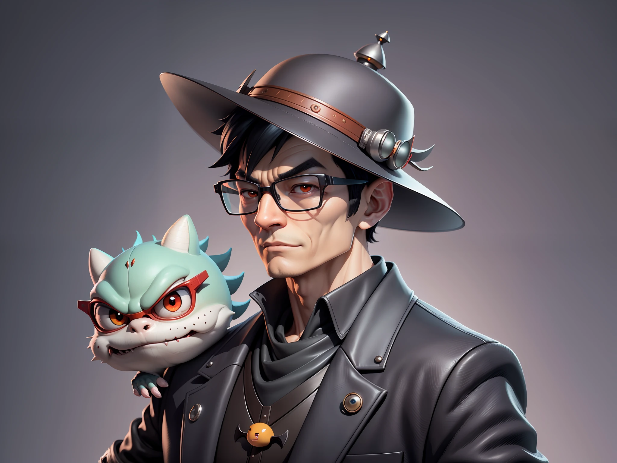 Young man with oriental face in leather hat, dragon, formal suit, short black hair, silver glasses, digital painting, 3D character design by Mark Clairedon and Pixar and Hayao Miyazaki and Akira Toriyama, the illustration is a high-definition illustration in 4K resolution with very detailed facial features and cartoon-style visuals.