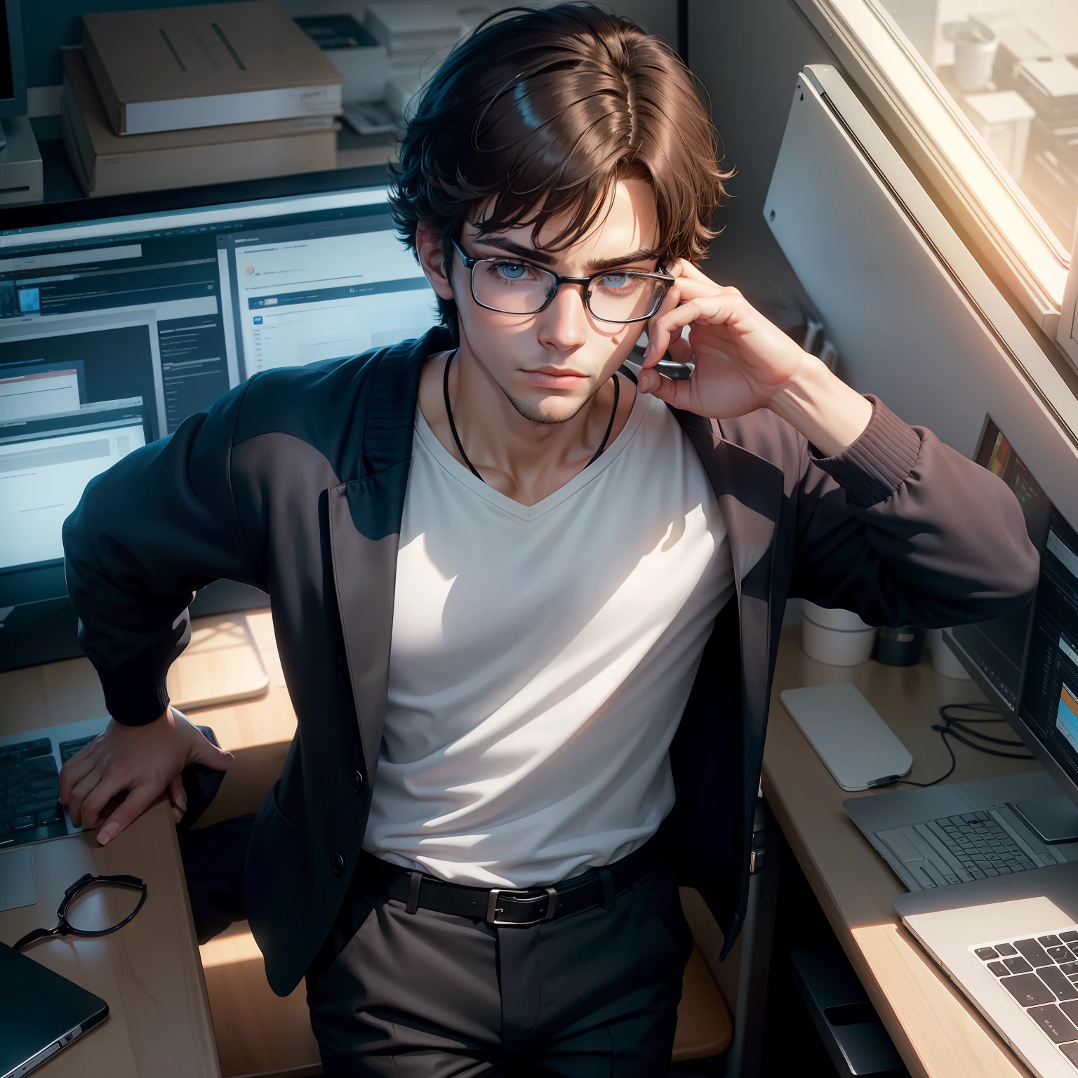 A teenager male, brunette color hair, wears glasses, The shirt, trouser, Dark early morning, office desk,Computer, co, eyes reflection, Look into the distance, in a panoramic view, Ray traching, reflective light, , cinmatic lighting, , tmasterpiece, best qualtiy, high detal, A high resolution, ccurate, textureskin, high qulity, hyper HD, k hd