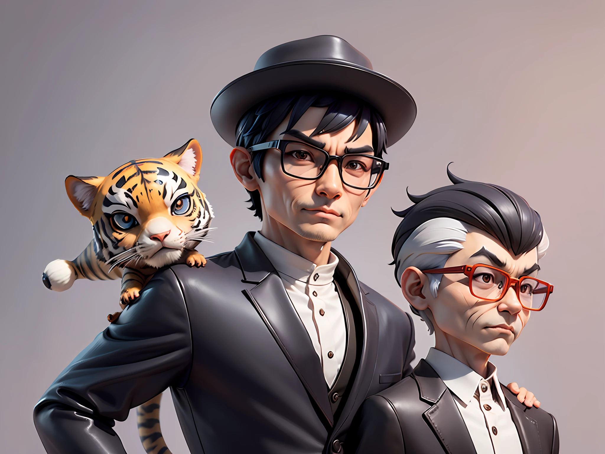 Young man with oriental face in leather hat, tiger, oriental face in formal suit, short black hair, silver glasses, digital painting, 3D character design by Mark Clairedon and Pixar and Hayao Miyazaki and Akira Toriyama, the illustration is a high-definition illustration in 4K resolution with very detailed facial features and cartoon-style visuals.