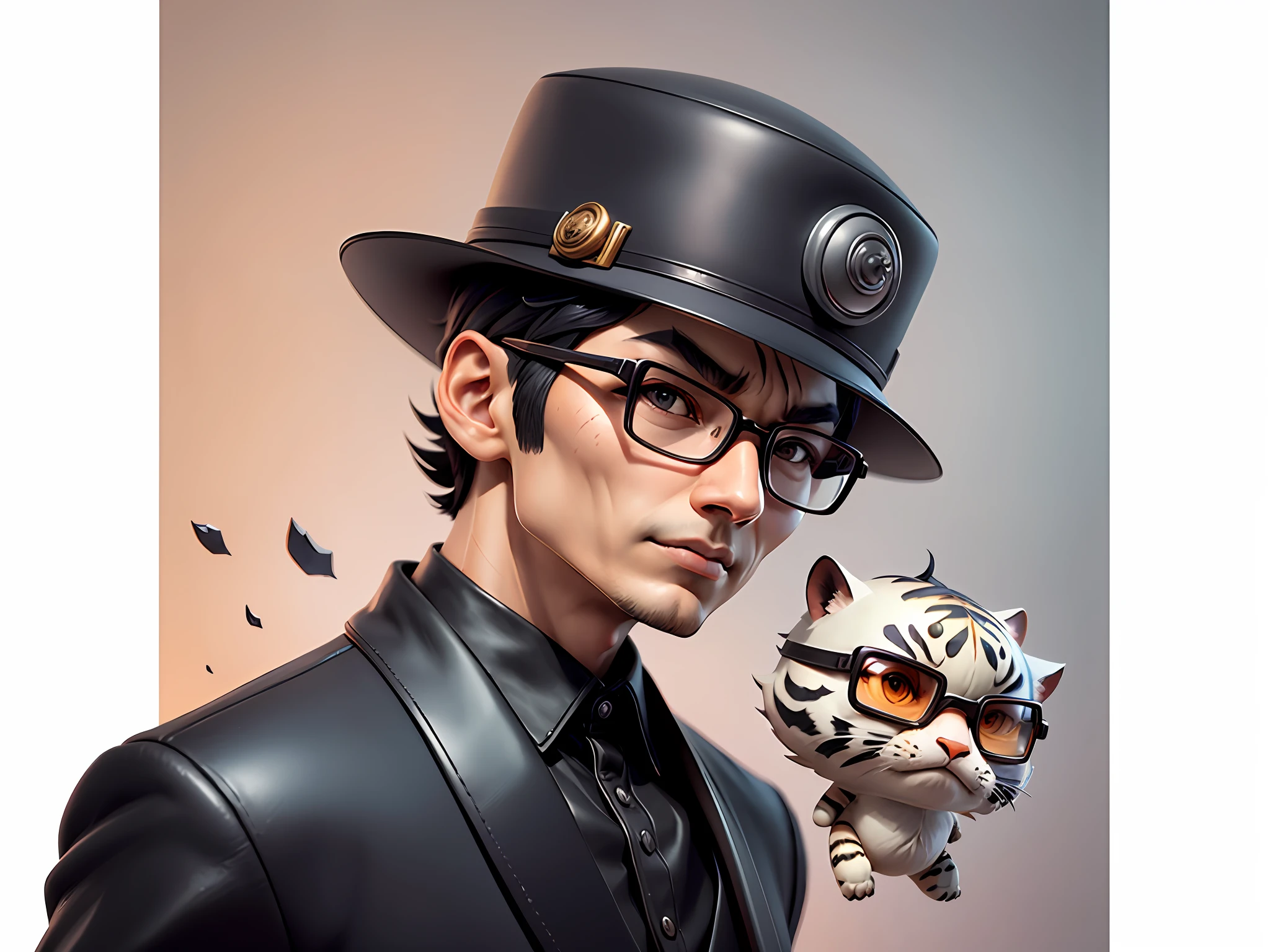 Young man with oriental face in leather hat, tiger, oriental face in formal suit, short black hair, silver glasses, digital painting, 3D character design by Mark Clairedon and Pixar and Hayao Miyazaki and Akira Toriyama, the illustration is a high-definition illustration in 4K resolution with very detailed facial features and cartoon-style visuals.