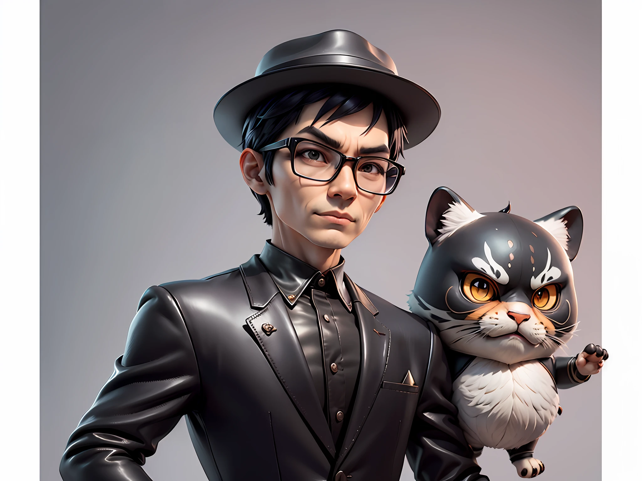 Young man with oriental face in leather hat, tiger, oriental face in formal suit, short black hair, silver glasses, digital painting, 3D character design by Mark Clairedon and Pixar and Hayao Miyazaki and Akira Toriyama, the illustration is a high-definition illustration in 4K resolution with very detailed facial features and cartoon-style visuals.