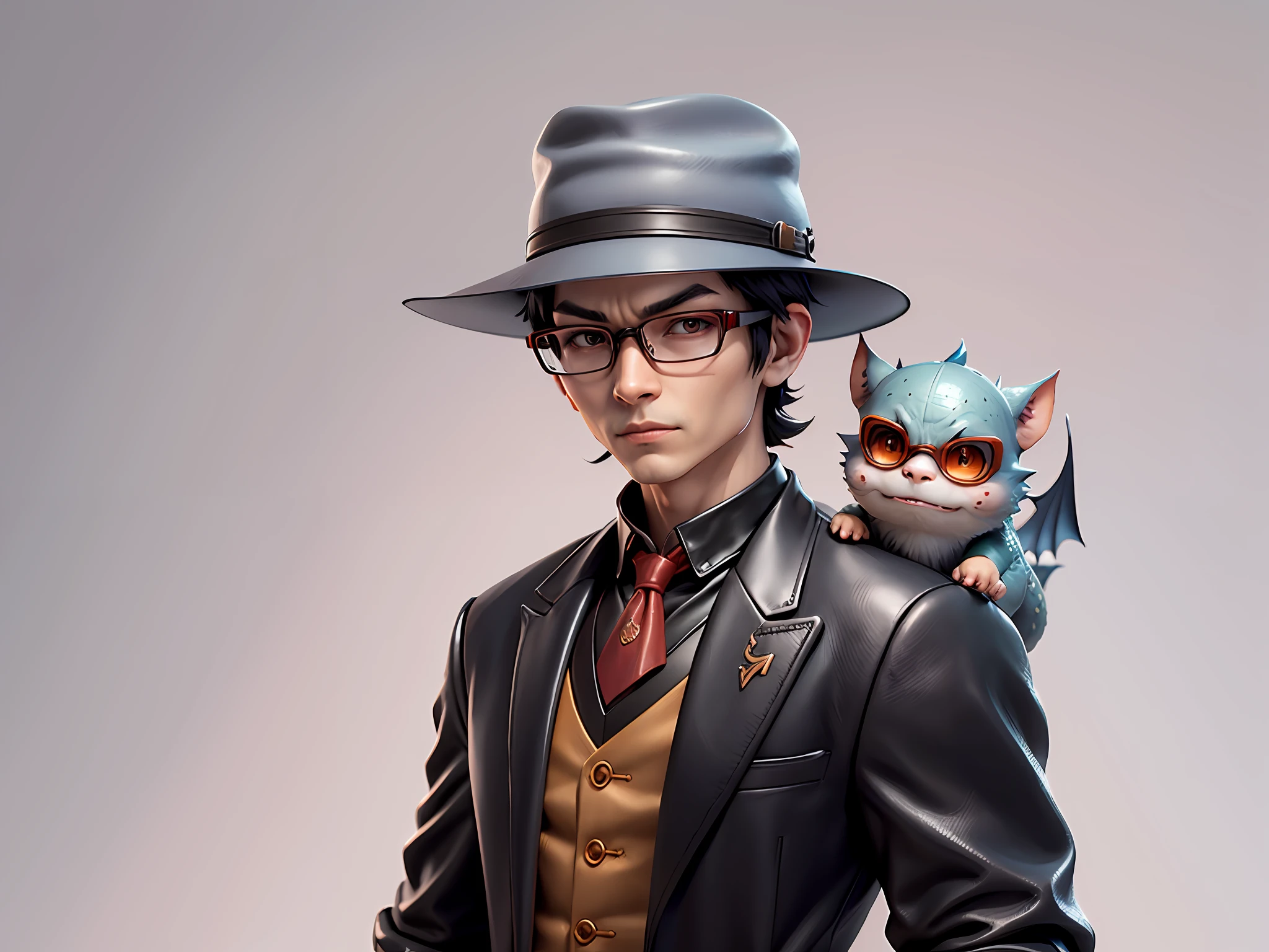 Young man with oriental face in leather hat, dragon, formal suit, short black hair, silver glasses, digital painting, 3D character design by Mark Clairedon and Pixar and Hayao Miyazaki and Akira Toriyama, the illustration is a high-definition illustration in 4K resolution with very detailed facial features and cartoon-style visuals.