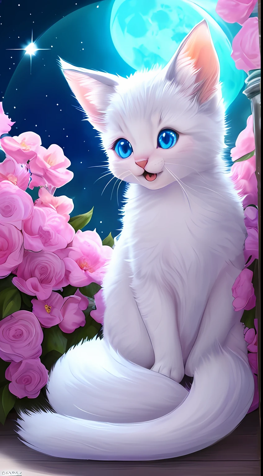 A kitten with a tiny tail, a small nose, small ears, blue eyes, pink background, flowers, vases, dreams, open mouth, smile, Caroline Chariot-Dayez pastels, tumblr, furry art, elokitty, Disney's Bambi cat, Disney's stylized furry, ears floating, fluffy tail, fluffy '', fluffy !!!, high resolution, furry art!!! The moon, small in size