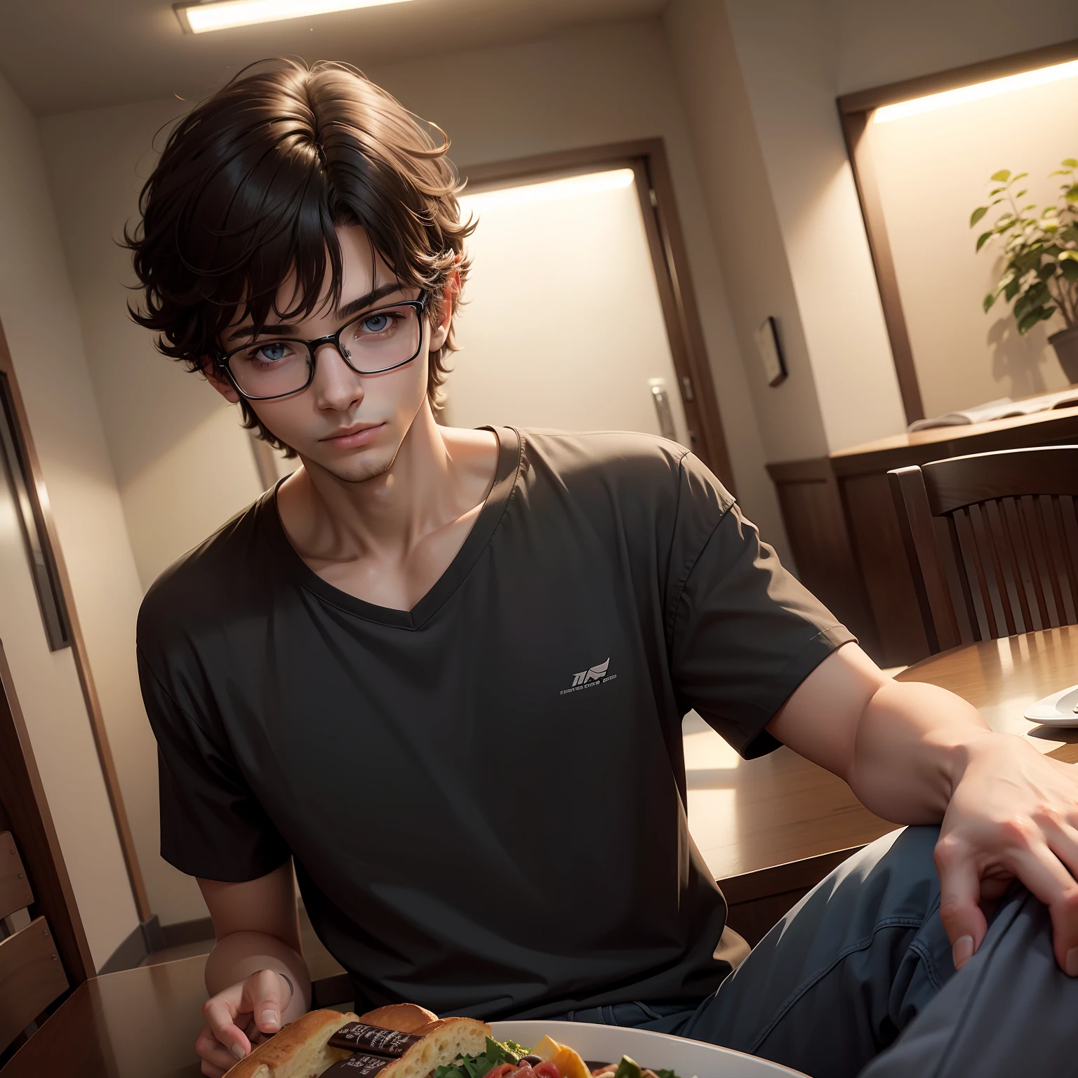 A teenager male, brunette color hair, wears glasses, The shirt, trouser, Dark early morning, dining table, Back home,dine , eyes reflection, touched, in a panoramic view, Ray traching, reflective light, , cinmatic lighting, , tmasterpiece, best qualtiy, high detal, A high resolution, ccurate, textureskin, high qulity, hyper HD, k hd