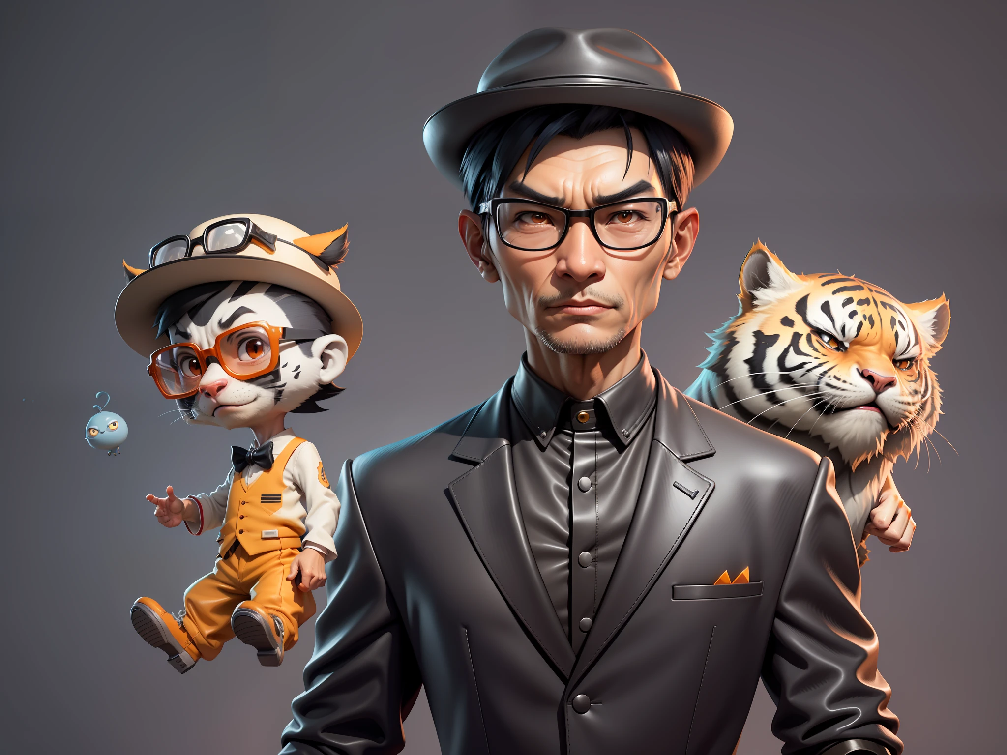 Young man with oriental face in leather hat, tiger, oriental face in formal suit, short black hair, silver glasses, digital painting, 3D character design by Mark Clairedon and Pixar and Hayao Miyazaki and Akira Toriyama, the illustration is a high-definition illustration in 4K resolution with very detailed facial features and cartoon-style visuals.