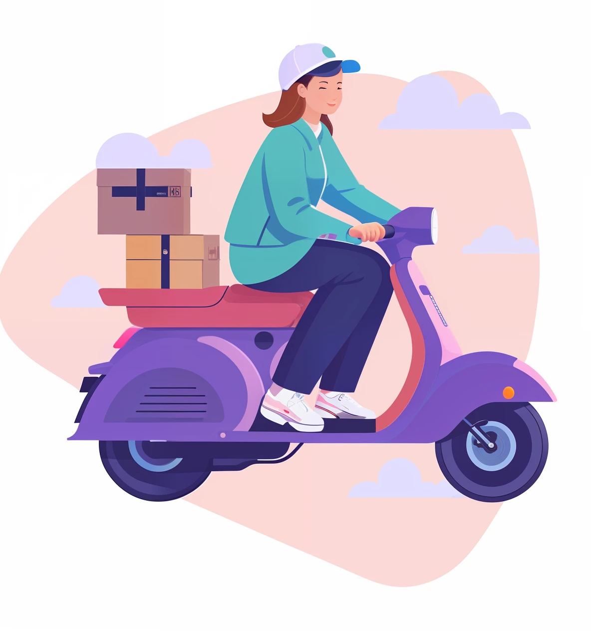 a girl riding a scooter with a box on the back, wearing delivery uniform, simple and clean illustration, detailed 2d illustration, illustration detailed, 2d illustration, 2d illustration, moped, vehicle illustration, high quality illustration, illustration style, 🚿🗝📝, delivering mail, flat illustration, whole page illustration, shaded flat illustration, commercial illustration, without text, simple illustration