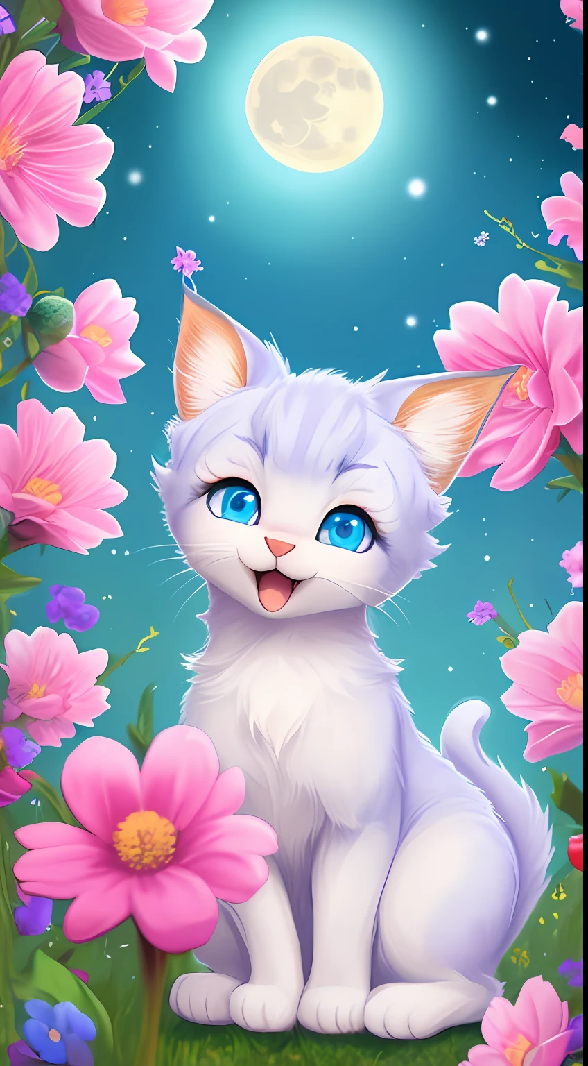 A kitten with a tiny tail, a small nose, small ears, blue eyes, pink background, flowers, vases, dreams, open mouth, smile, Caroline Chariot-Dayez pastels, tumblr, furry art, elokitty, Disney's Bambi cat, Disney's stylized furry, ears floating, fluffy tail, fluffy '', fluffy !!!, high resolution, furry art!!! The moon, small in size